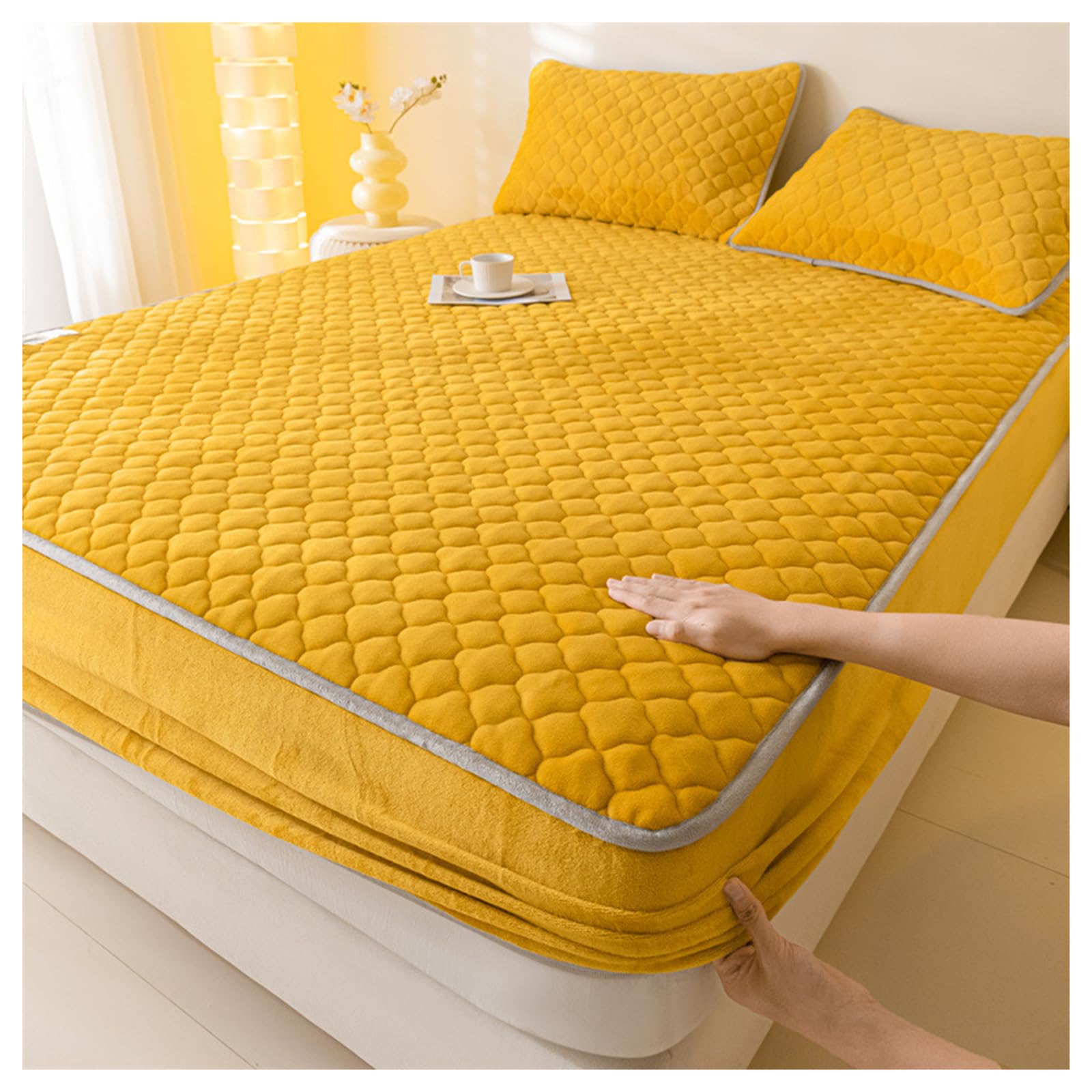 GOFOHIMI Thickened Quilted Fitted Sheet Protector with 2 pillowcases,All-Inclusive Stretch Bed Sheet Mattress Protective Cover Milk Fleece Bedspread for Bedroom Decor,yellow,200 * 220cm