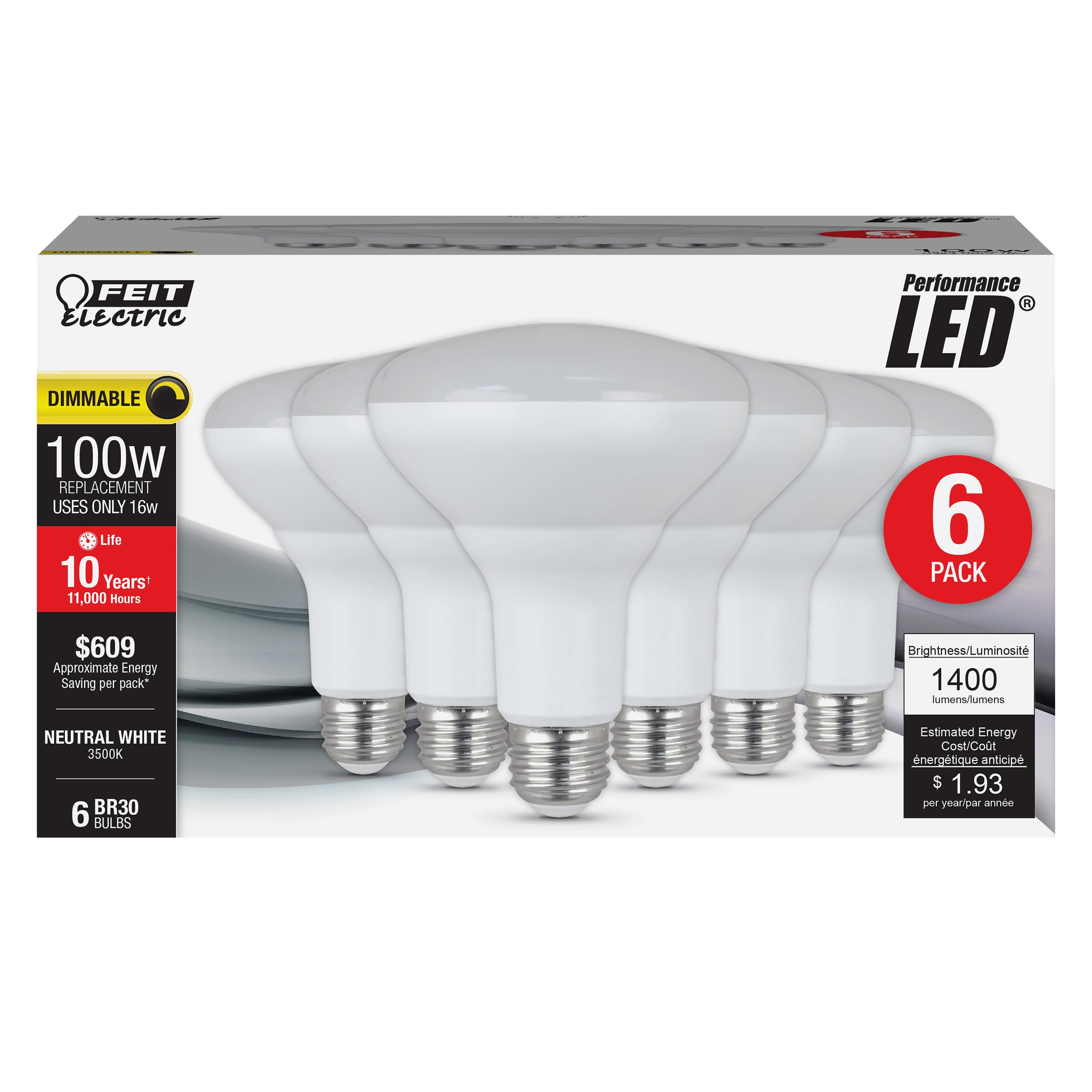 Feit Electric BR30 LED Light Bulbs, 100W Equivalent, Dimmable, E26 Standard Base, 80 CRI, 1400 Lumens, 3500K Neutral White, 120V, 10 Years Lifetime, Damp Rated, 6 Pack, 100BR30DM83510KLED/6