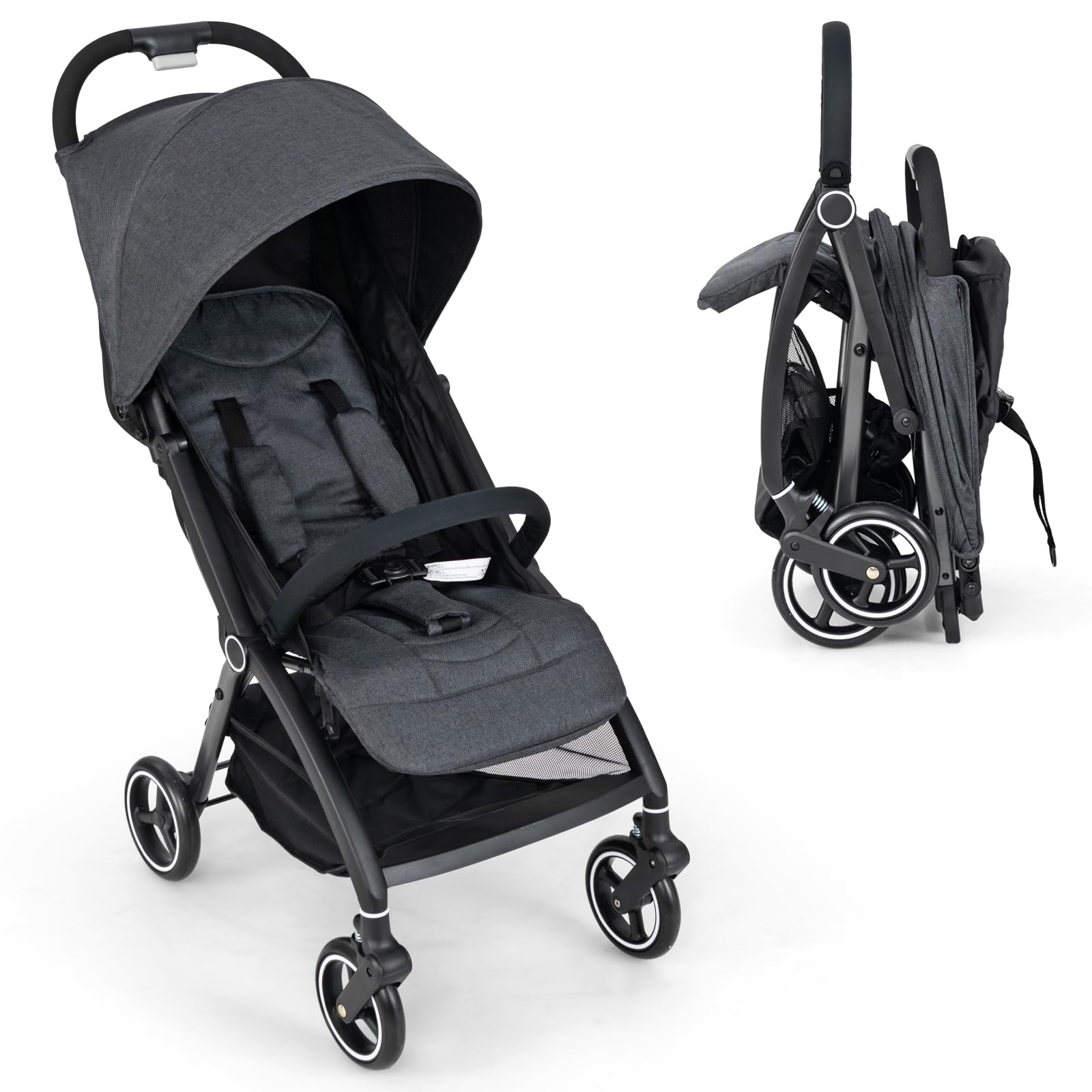GOPLUS Silla de Paseo Plegable y Ligera, Cochecito Bebé Hasta 15kg, Respaldo y Capota Ajustables, una Mano con Ruedas de EVA, Carrito para Infantil y niño (Gris)