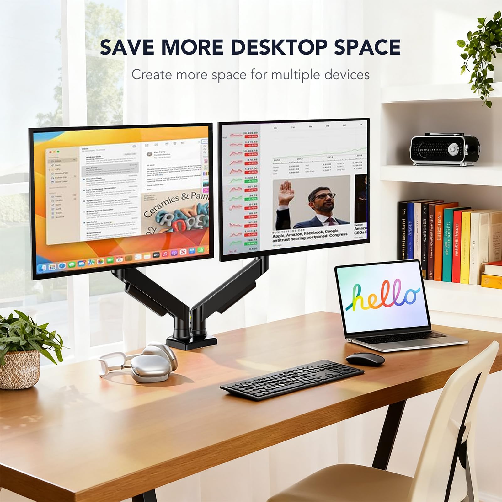 Hemudu Bras de Moniteur Double à Ressort Pneumatique, Support Double de Moniteur pour Bureau Réglable (jusqu'à 9kg) pour Écrans de 17 à 32 Pouces, Compatible avec VESA 75/100 mm, avec Écrou à C