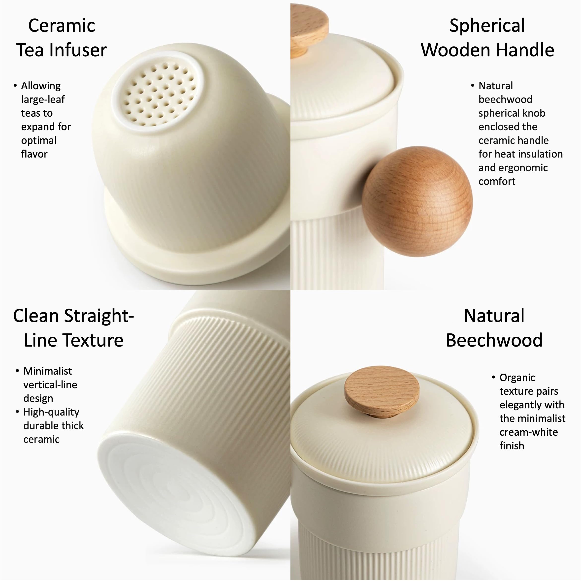 Hermit Life Tasse à thé avec infuseur et couvercle pour stepper en vrac, tasse à thé en porcelaine blanc crème avec passoires, poignée globulaire en bois naturel, tasse diffuseur de thé, cadeau de thé