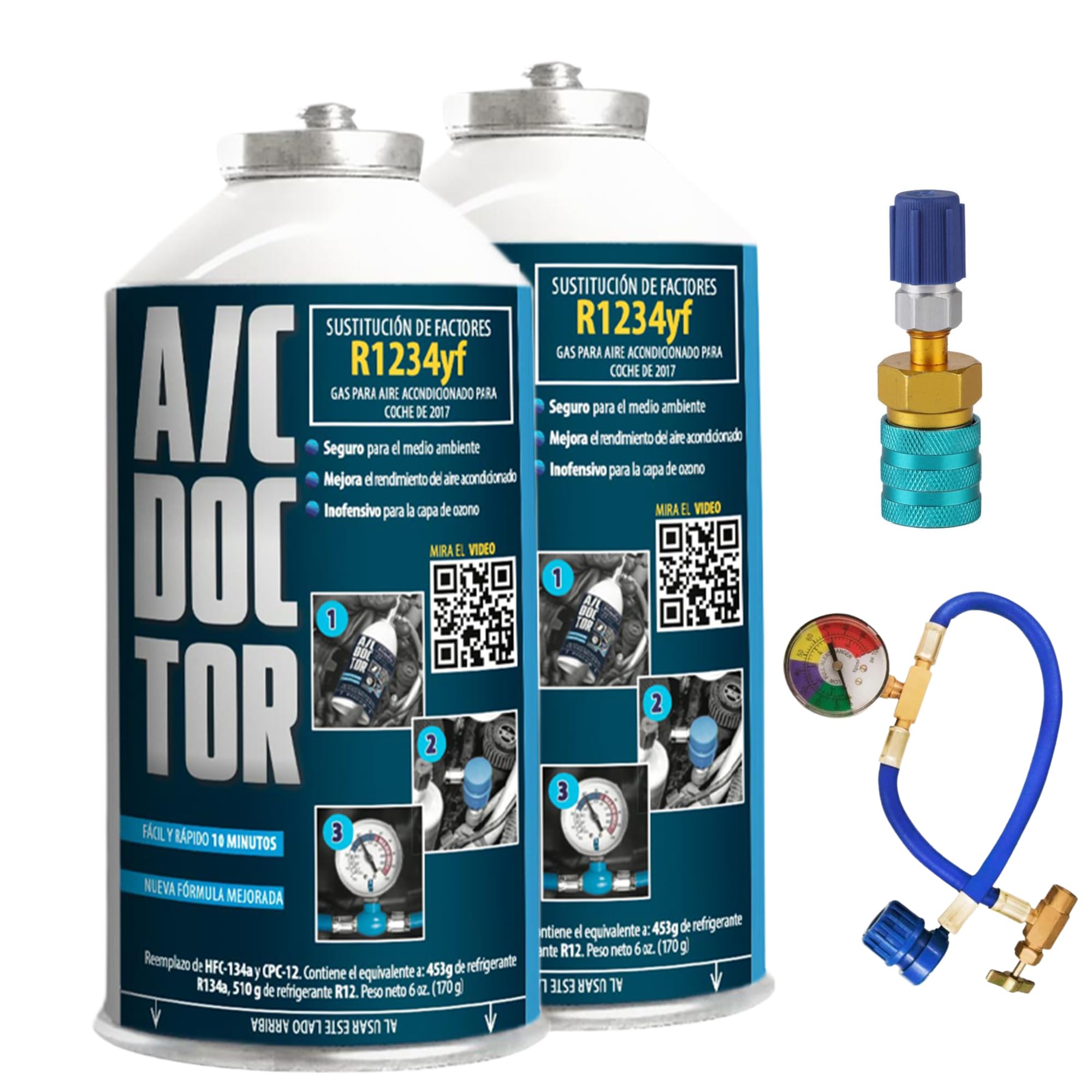 AC DOCTOR Kit 2 Bombola Gas Refrigerante Organico ecologico sostituto R1234yf per ricarica aria condizionata auto dopo il 2017 + Tubo con manometro + Adattatore R1234yf