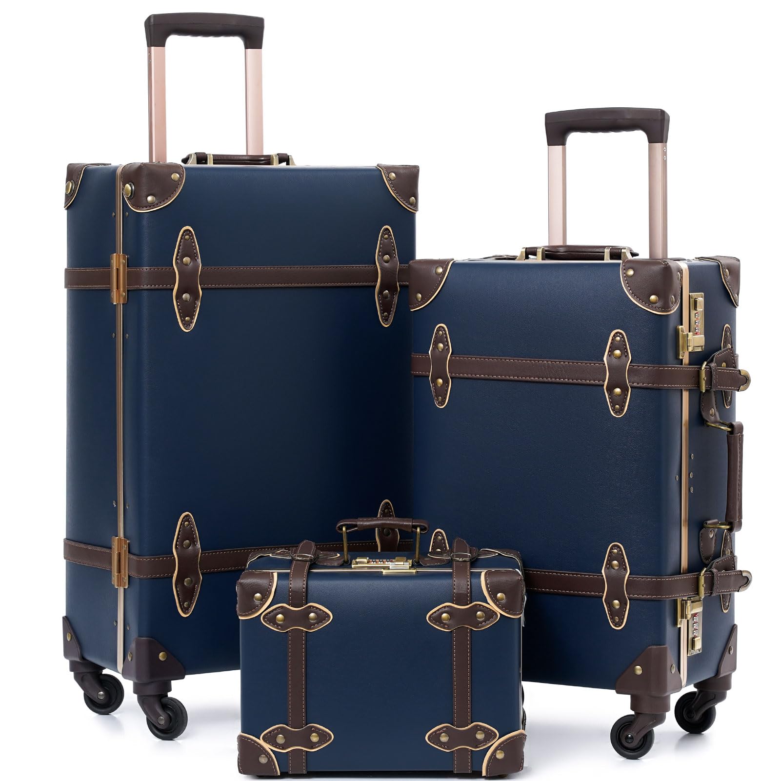 urecityVintage Luggage Sets of 3 Piece - Hardside Lightweight Spinner Suitcases - Retro Travel Set includes Under Seat Train Case, 26"+20"+12" (Navy)