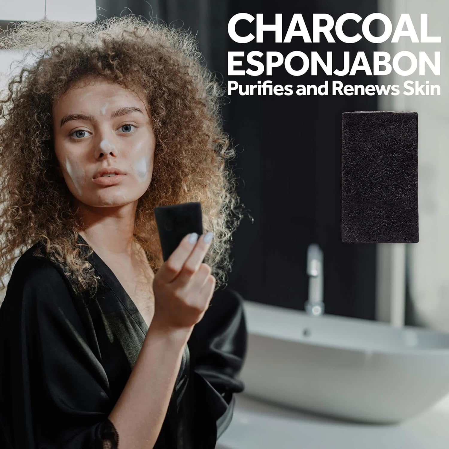 T.Taio Esponjabon Charcoal Soap Sponge - Cleansing Shower Scrubber - Cleaning Bath Wash Scrub - Oil Removal - Massage & Lather Foot, Elbow, & Face - Bathroom Accessories - Charcoal, Mini Soap Included