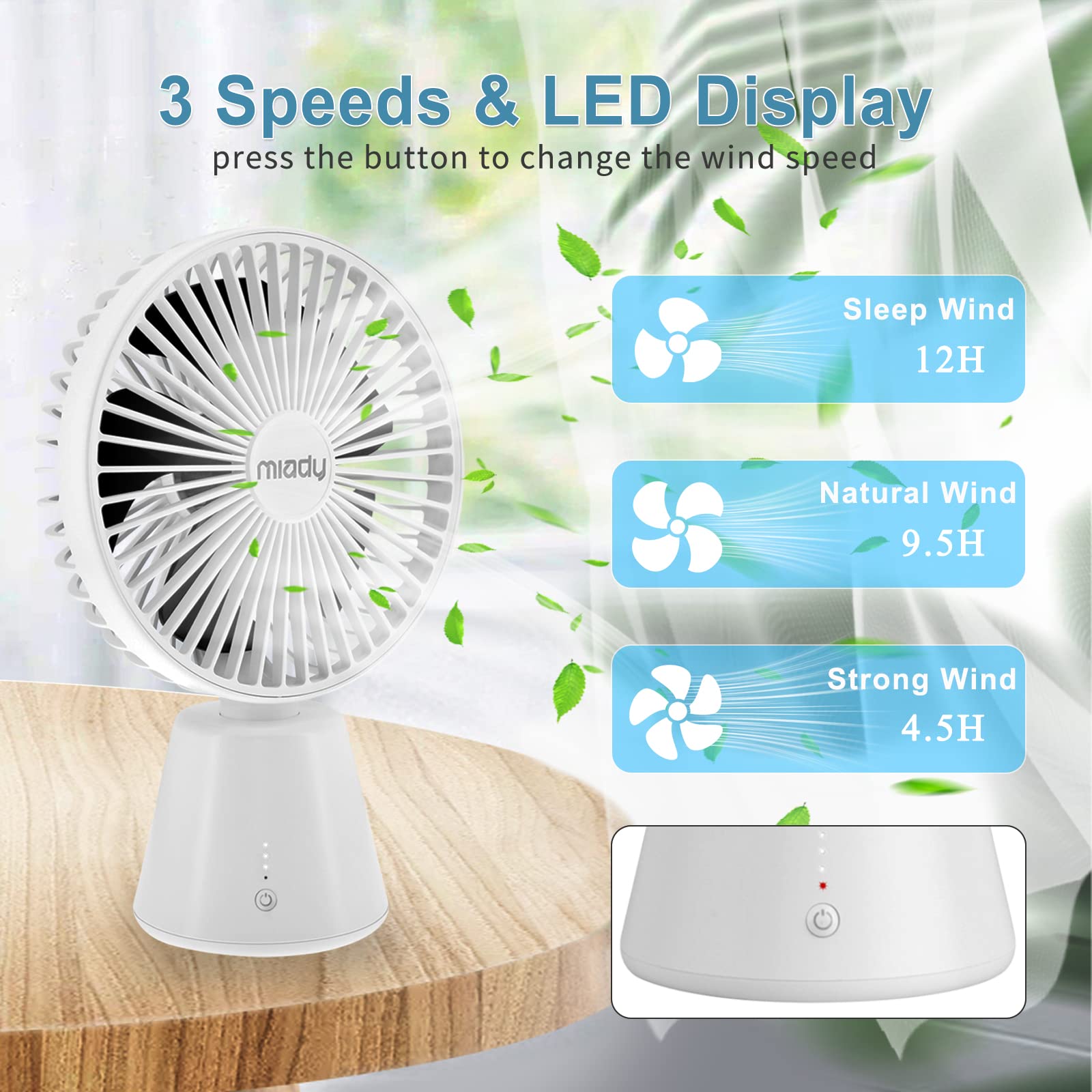 Ventilatore Da Tavolo Miady Ricaricabile - 5000mAh, 3 Velocità, Oscillazione 135° - Silenzioso Per Ufficio E Casa - Foto 8