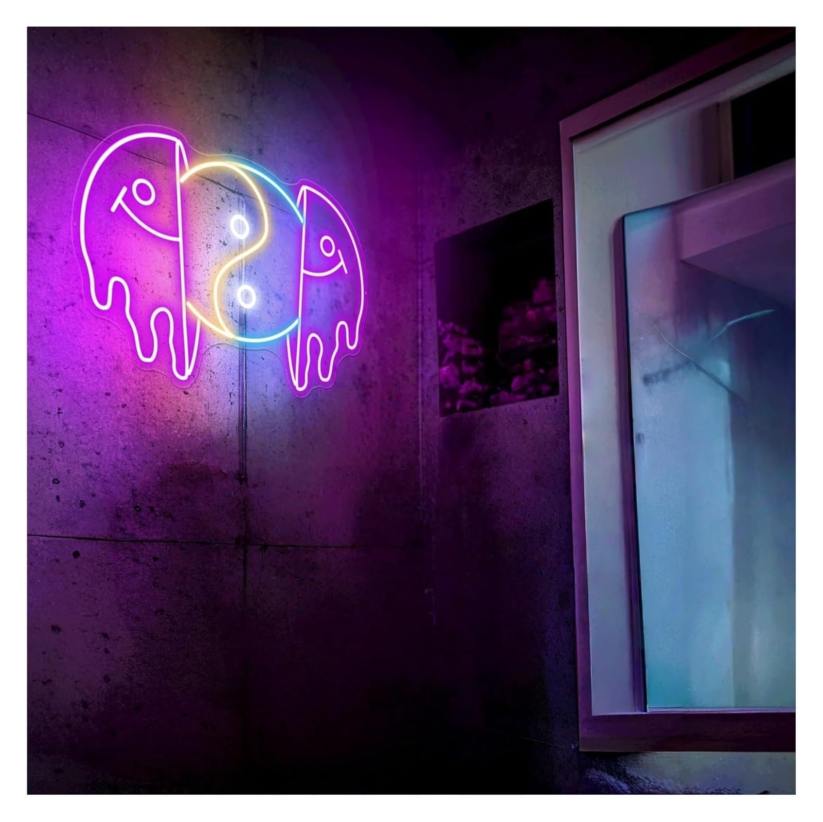 Insegna al neon con faccina sorridente distorta e luminosità regolabile, 35 cm x 55(D)