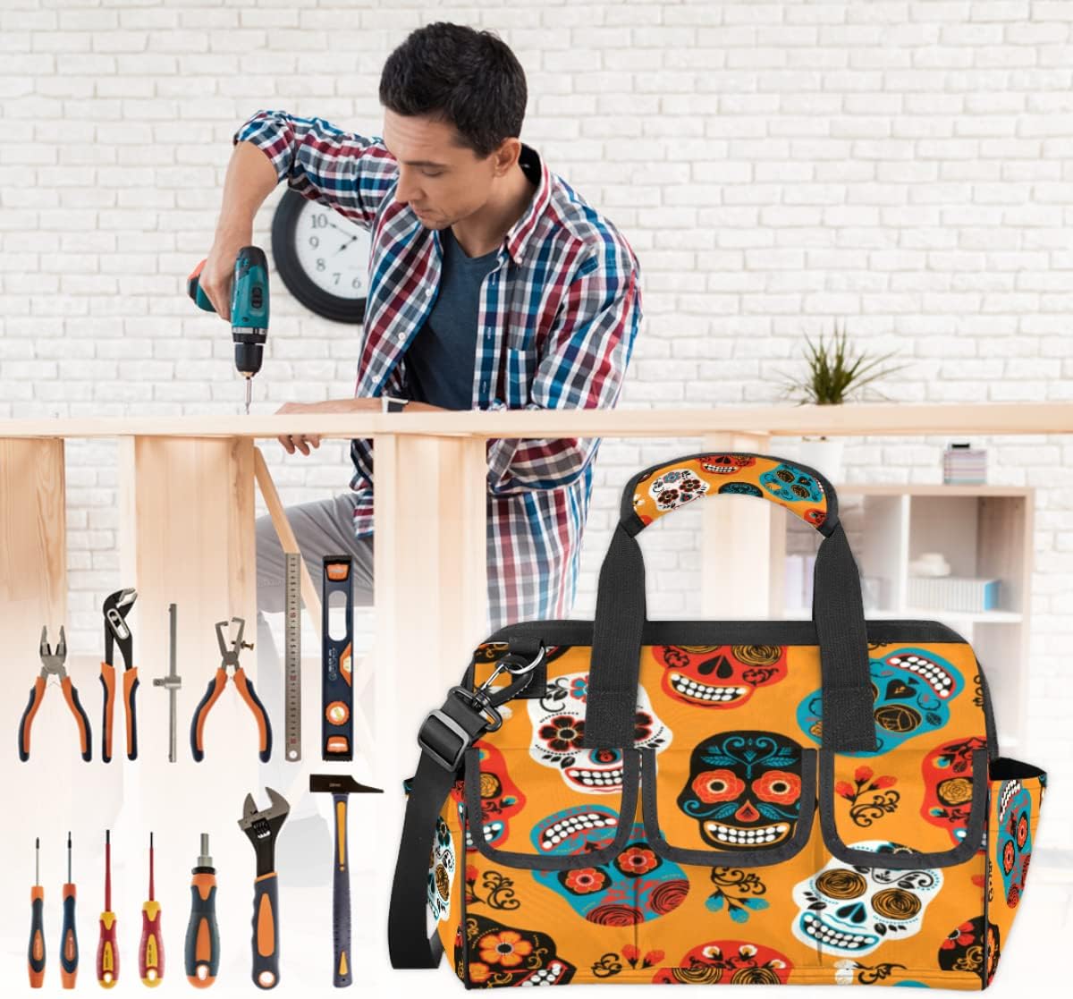 Skull Floral Printing Tool Bag for Men Women Heavy Duty Multi-Pockets Wide Mouth Tool Tote Waterproof Tool Bag Organizer with Adjustable Shoulder Strap