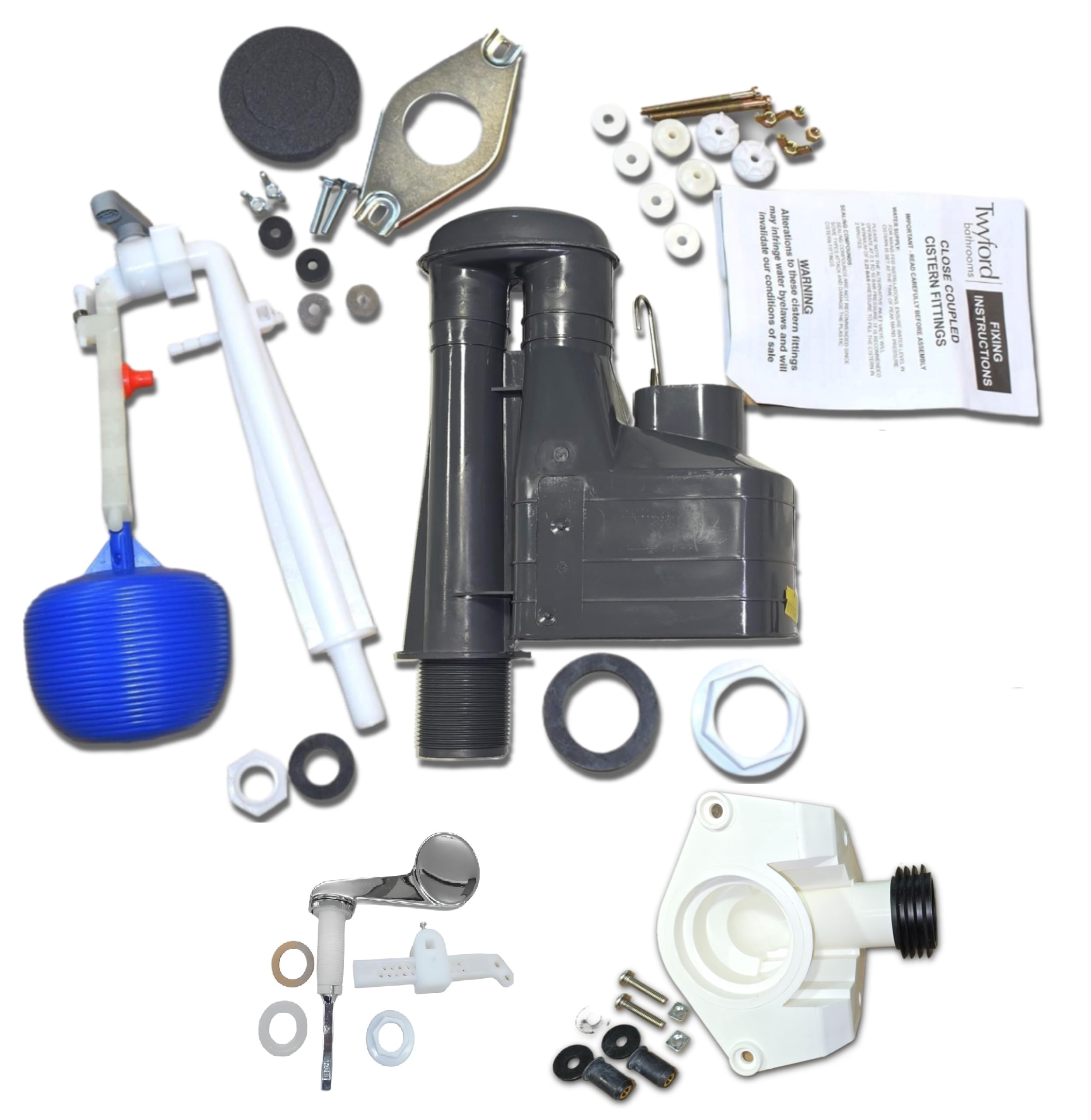 Twyford Toilet Cistern Kit, Single Flush Syphon, Ball, Flush Handle, Inlet Valve,Donut, Lever, Nocturne Accelerator Kit