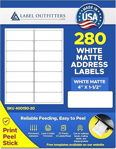 280 Label Outfitters - Etiquetas adhesivas permanentes mate blancas de 4 x 1.5 pulgadas, 20 hojas