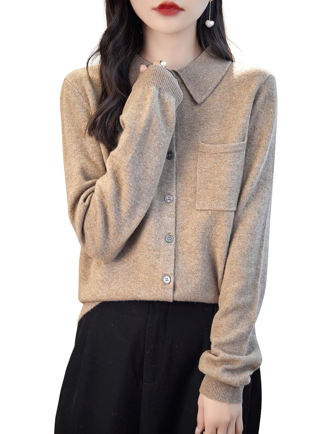 Chanyarn Womens Polo Neck 100 Merino Wool Sweater 2025 Spring Basic Long Sleeve Knitted Cardigan Sweater with Pocket