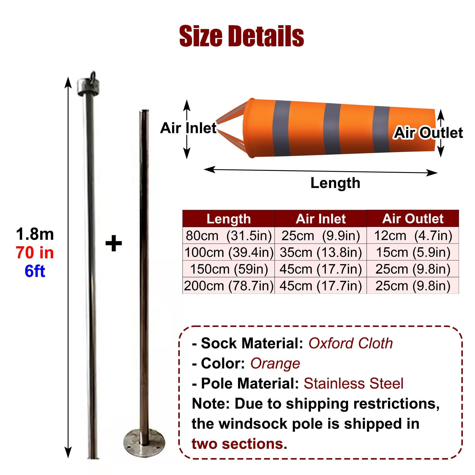 Outdoor-Windsack, 1,8 m Edelstahlstange, reflektierender Ochsenstoff, Windanzeige, frei drehbarer Windsockenstangen-Kit, Ersatz