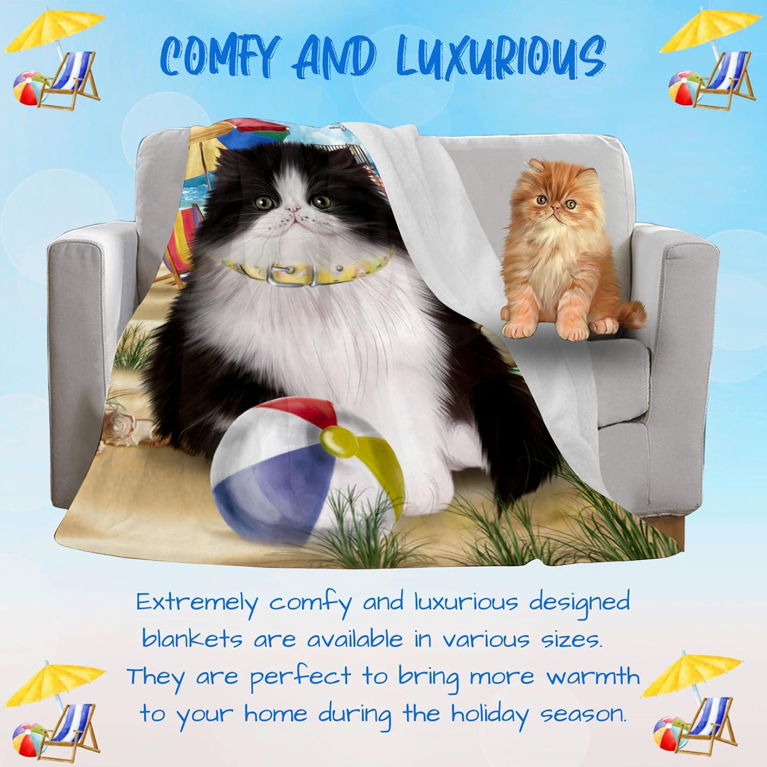 Pet Friendly Beach Persian Cat Blanket - Lightweight Super Soft Cozy and Durable Bed Blanket - Animal Theme Fuzzy Blanket for Sofa Bed Couch BLNKT56476 (30x40 Fleece)