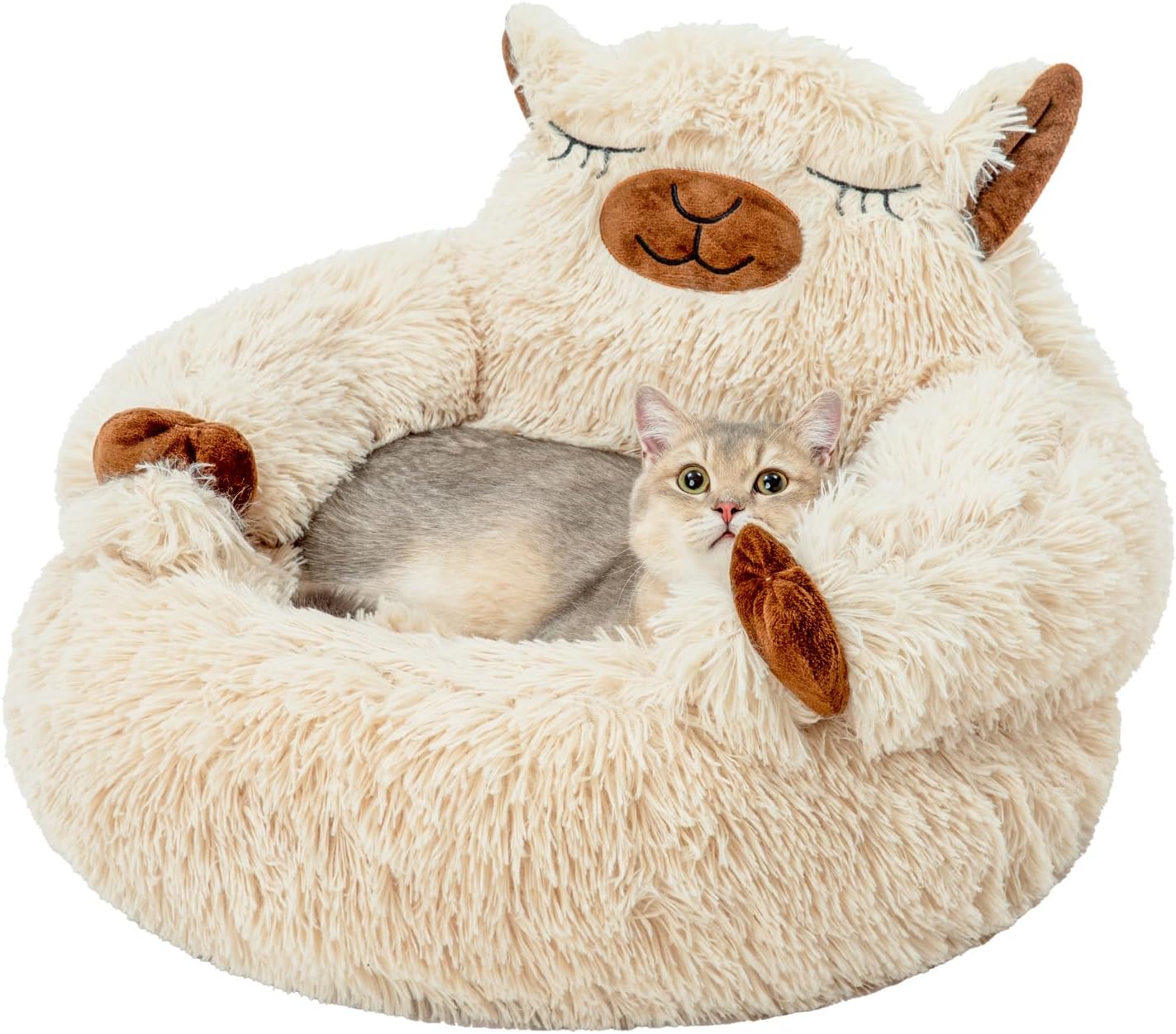 Jiupety Calming Dog and Cat Bed, Cozy Donut Cute Small Dog Beds, Anti Anxiety Round S(20" × 20" × 8") Size for Pets up to 12 lbs, Camel