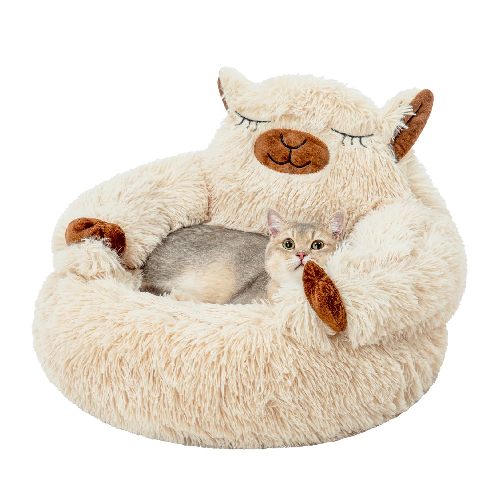 Jiupety Calming Dog and Cat Bed, Cozy Donut Cute Small Dog Beds, Anti Anxiety Round S(20" x 20" x 8") Size for Pets up to 12 lbs, Camel