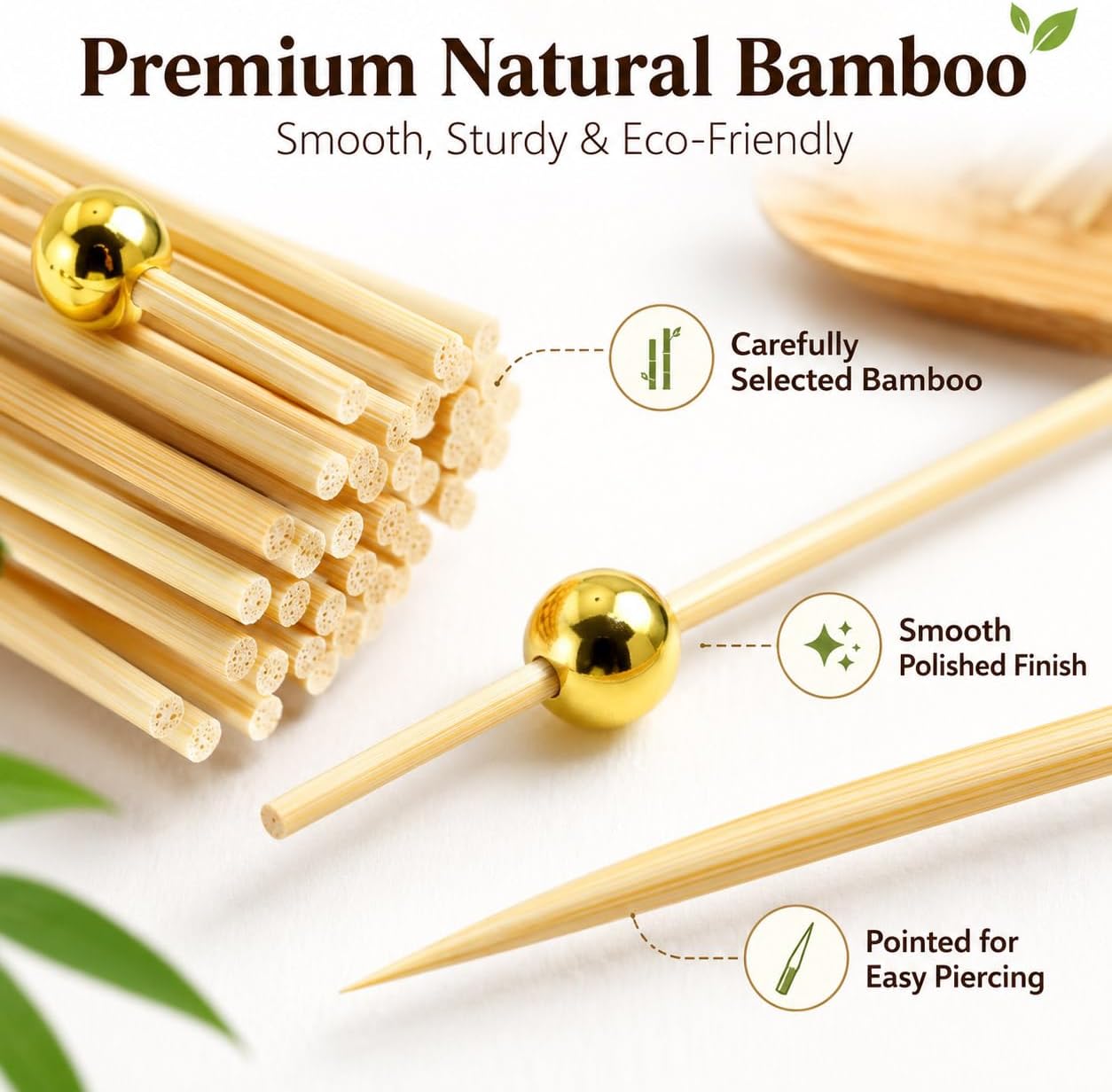 100PCS Cocktail Picks 4.7 Inch, Fancy Bamboo Toothpicks for Appetizers, Gold-Topped Skewers for Charcuterie Board, Fruits, Party Food, and Drinks Decorations (Golden)
