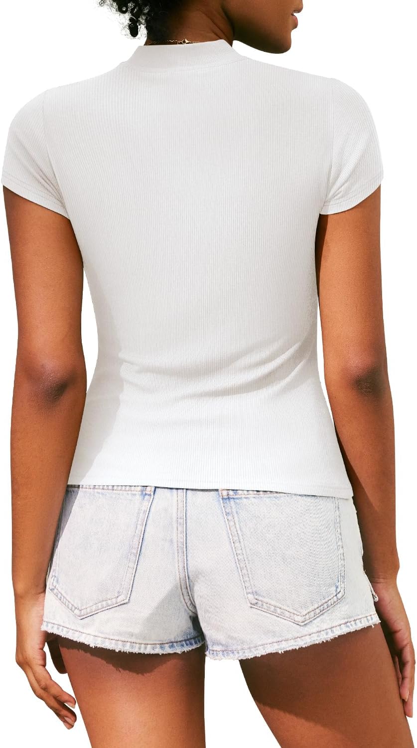 MIHOLL Women's Summer Cap Short Sleeve Tops Mock Neck Ribbed Knit Slim Fit Casual Basic Tee T Shirts - Image 2