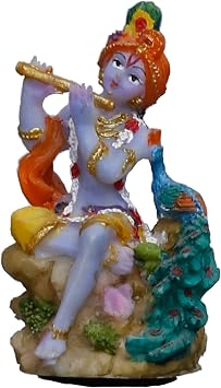 Sri Krishna Culture- Mini Krishna with Flute and Peacock for Car-Hindu God and Goddess Idol/Statue/Murti/Figurine3"-Polyster Resin-Multicolour