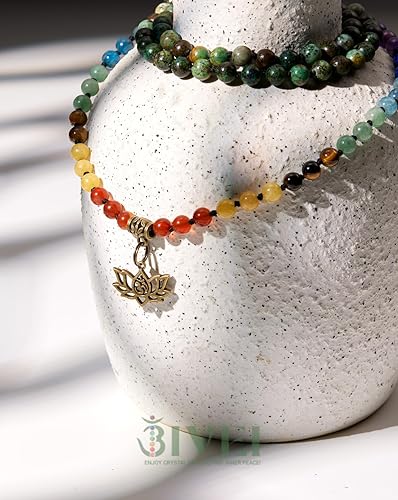 Vista 4 de Bivei 7 Chakra 108 Mala Beads Bracelet Real Gemstone Yoga Meditation Hand Knotted Mala Prayer Bead Necklace