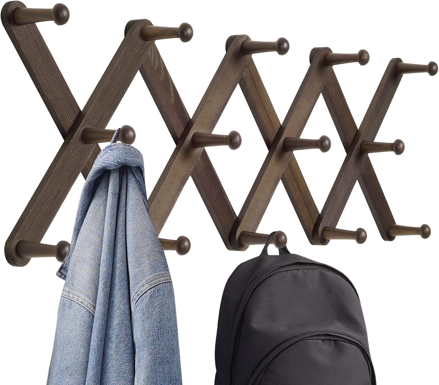Snughome Accordion Expandable Wooden Coat Rack Hanger, Wall Mounted Pine Wood Coat