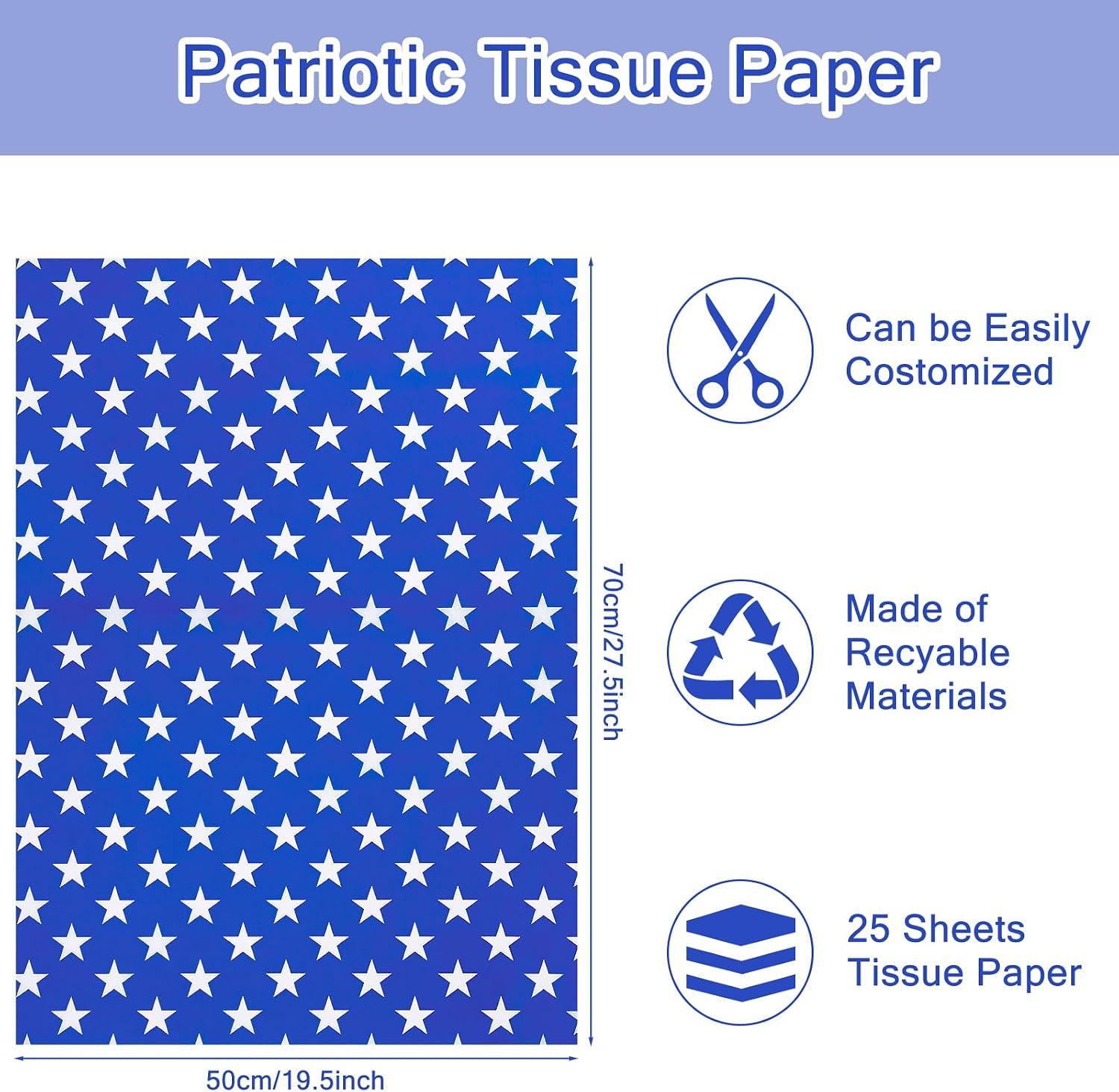RUSPEPA Navy Blue Star Tissue Paper, White Star Pattern Gift Wrapping Tissue Paper for Independence Day, Patriotic Party, Birthday, Baby Shower, Wedding, Art Crafts, 19.5 x 27.5 inches, 25 Sheets