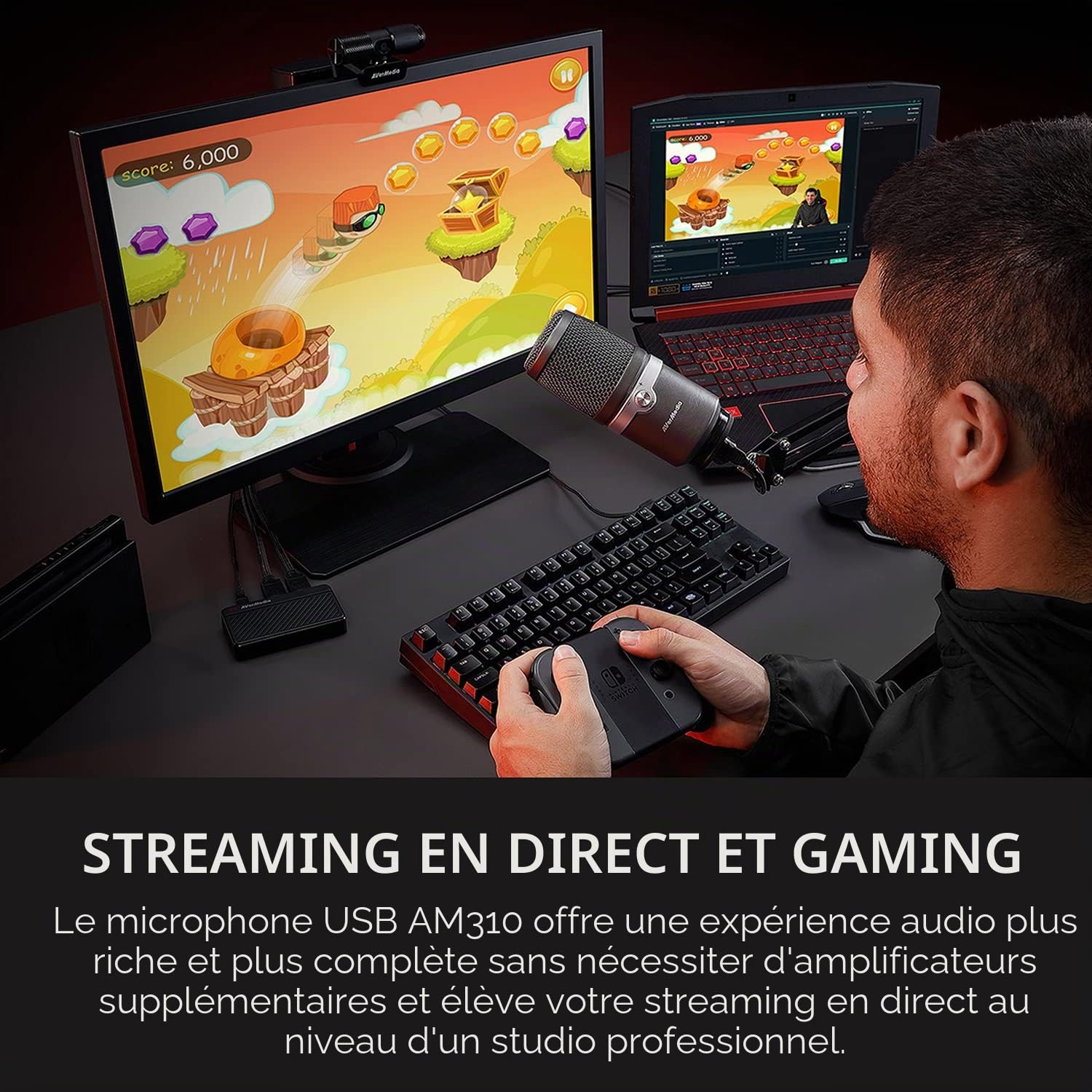 AVerMedia USB Microphone AM310 - Micro YouTube & Twitch - Micro cardioïde USB haute qualité, sans latence, parfait pour le streaming, avec retour audio du PC, écoutez votre voix en temps réel