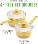 GreenLife Soft Grip 1QT and 2QT Saucepan Set, Non-Toxic PFAS-Free Ceramic Nonstick, Glass Lids, Stay Cool Handles, Wobble Free Base, Dishwasher & Oven Safe, Easy Clean, Multipurpose, Yellow