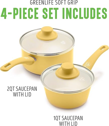 Miniatura 6 de GreenLife Soft Grip 1QT and 2QT Saucepan Set, Healthy Ceramic Nonstick, Non Toxic PFAS & PFOA-Free, Dishwasher Safe, Glass Lids, Stay-Cool Handles