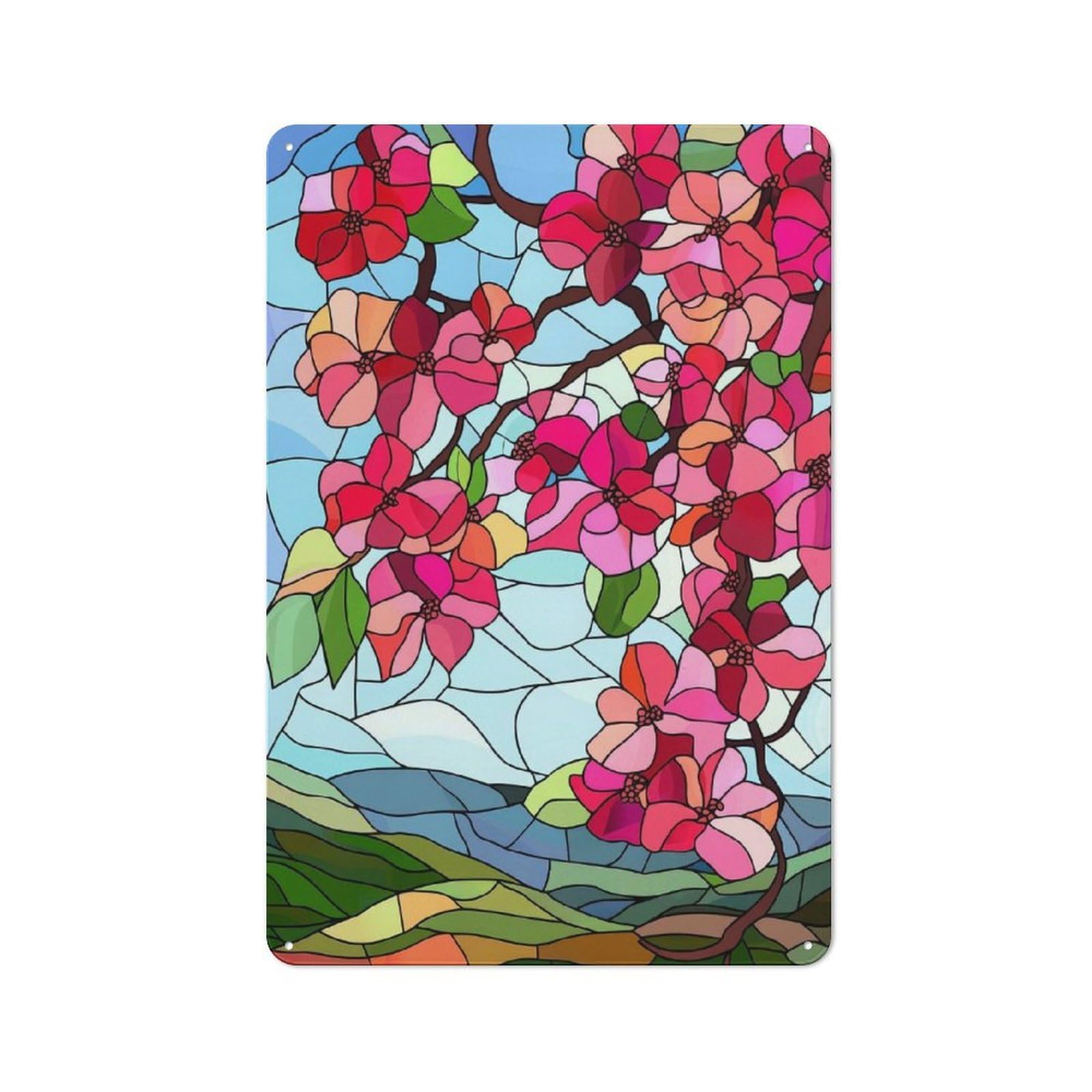 Tin Wall Plaque 30x20cm with Stained Glass Spring Blossoms for Pub Or Café, for Hospitality Wall Decor Collectors