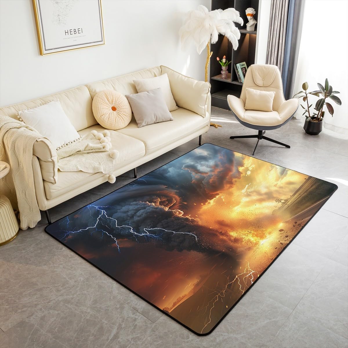 Manfei Tornado Indoor Rug 5x6'6'',Natural Disaster Burning Fire Flame Kids Adults Rugs for Home Decor,3D Lightning Gray Clouds Print Indoor Rug for Bedroom Playroom Bedside