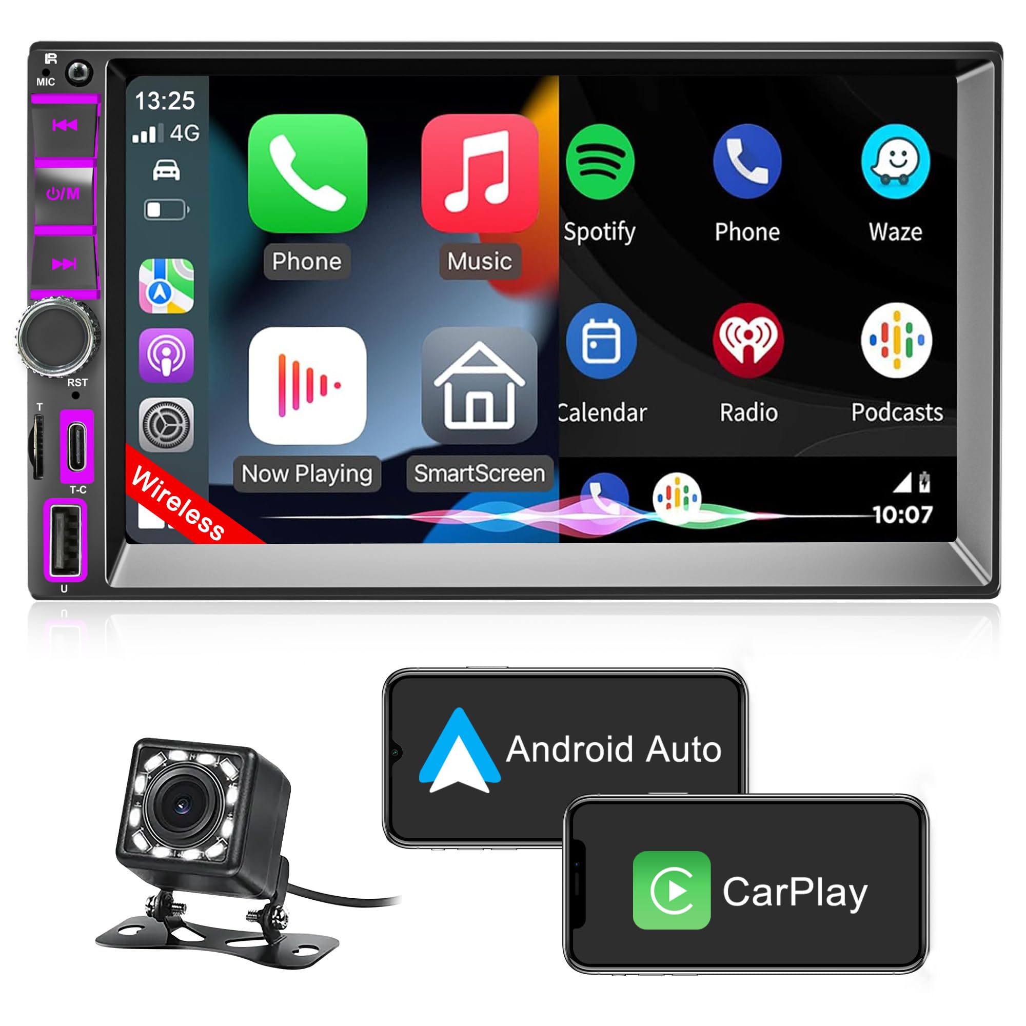 [Wireless] Autoradio 2 Din with Apple CarPlay and Android Auto, 7 Inch LCD Touchscreen RDS FM/AM Vehicle Radio with Type-C Phone Charge,Bluetooth, Mirror-Link, Waterproof Backup Camera, Audio Receiver
