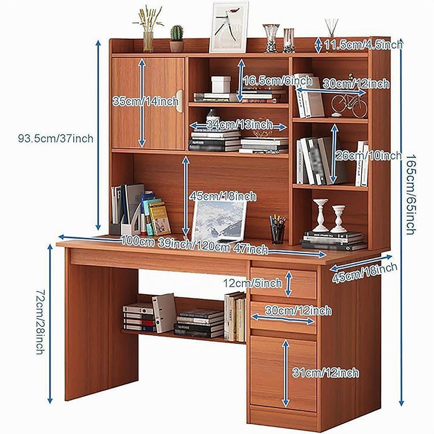 Moderna Scrivania In Legno con Cassetti Bianca, Scrivania da Lavoro con Ripiano Portaoggetti e Libreria Scrivania per Comp 120x45x165 cm