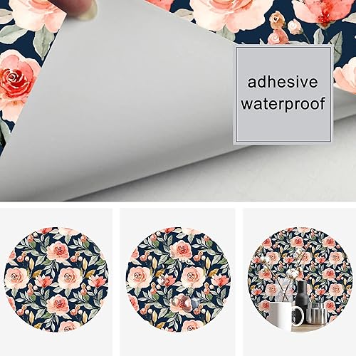 Miniatura 7 de UniGoos Papel tapiz floral con fondo azul marino, autoadhesivo, extraíble, acuarela, flores, vinilo, papel de pared para estantería, encimera,