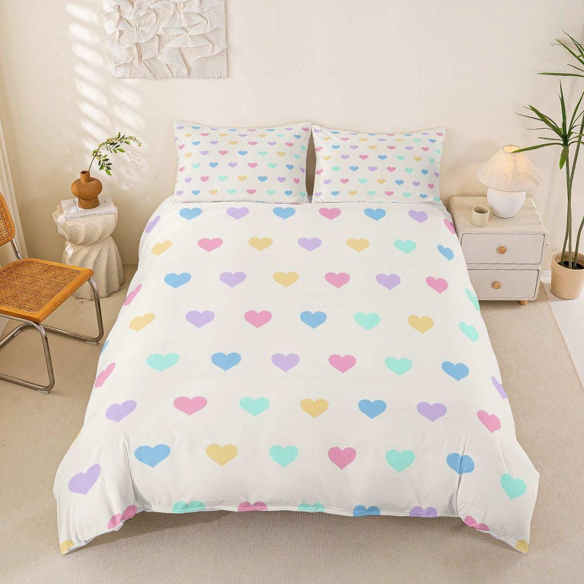 Colorful Polka Dot Duvet Cover Set Toddler Size,Cartoon Love Heart Bedding Sets 2Pcs for Kids Girls Boys Adult Room Decor,Watercolor Hearts Comforter Cover Beauty Princess Quilt Cover,1 Pillowcase