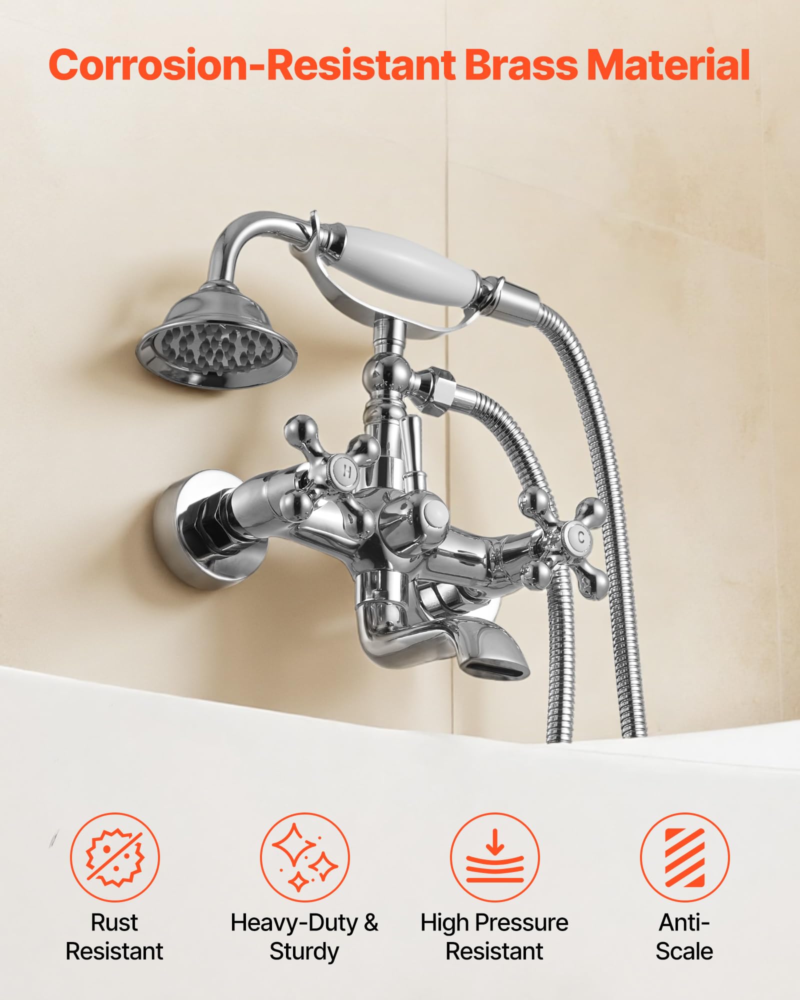 VEVOR Grifo de Bañera, con Patas de Garra para Pared y Ducha de Mano, con Brazos Giratorios Ajustables y Caño Giratorio 360°, Cromo Pulido, Control de Agua Fría y Caliente, 140 x 220 x 300 mm