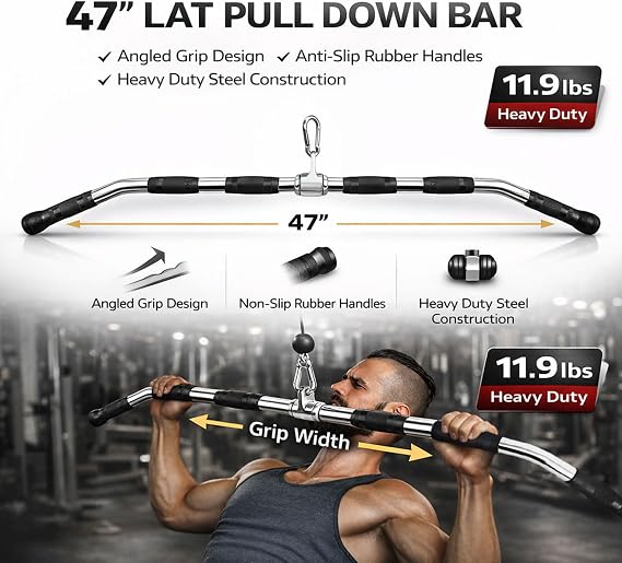 47 LAT Pulldown Bar Attachment for Cable Machine, Heavy Duty Steel Curl Bar with 360 Swivel & Rubber Grip, Wide Close Neutral Grip Handles for Back Strength Training Home Gym