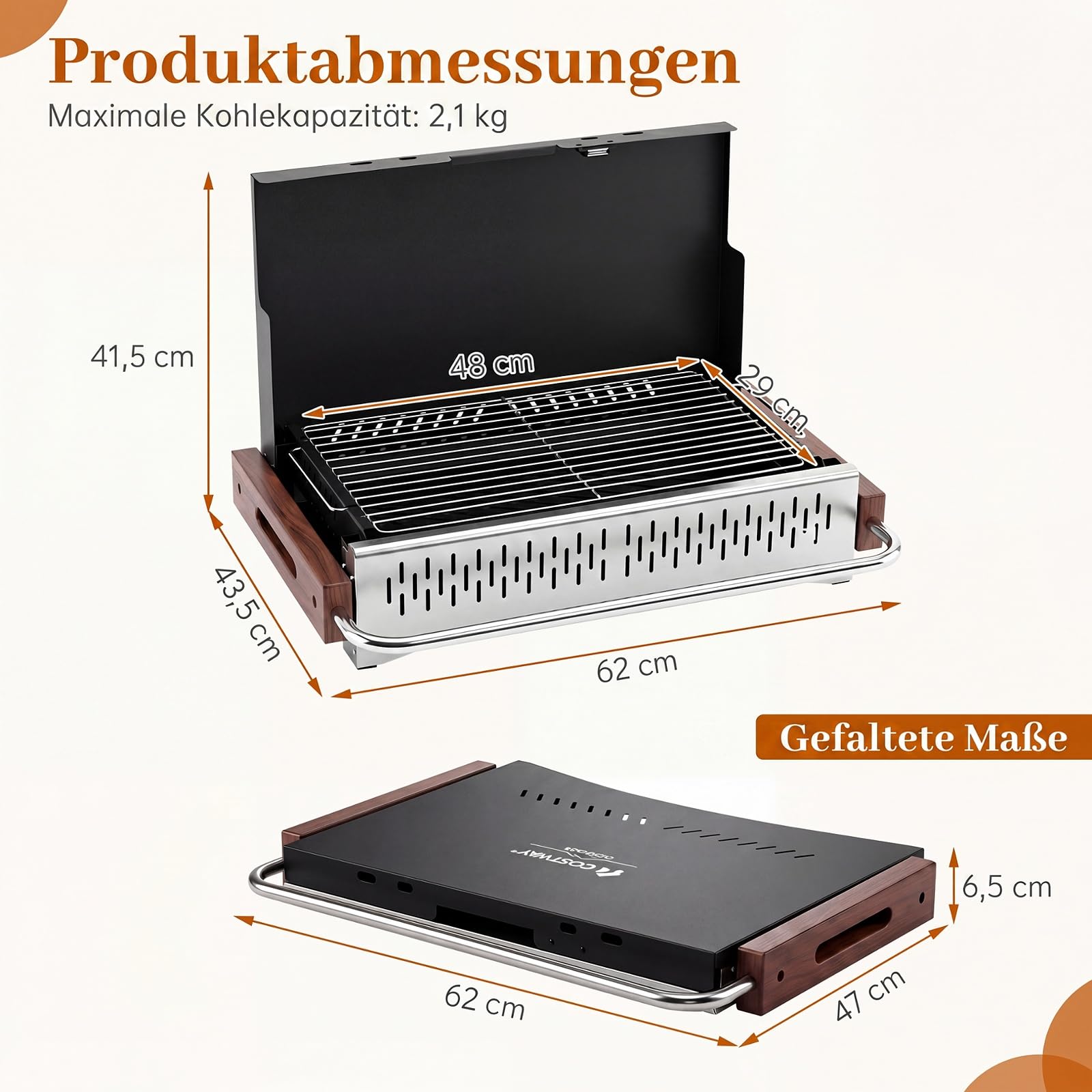 COSTWAY Grill na węgiel drzewny, mały, składany grill stołowy (62 x 43,5 x 6,5 cm)