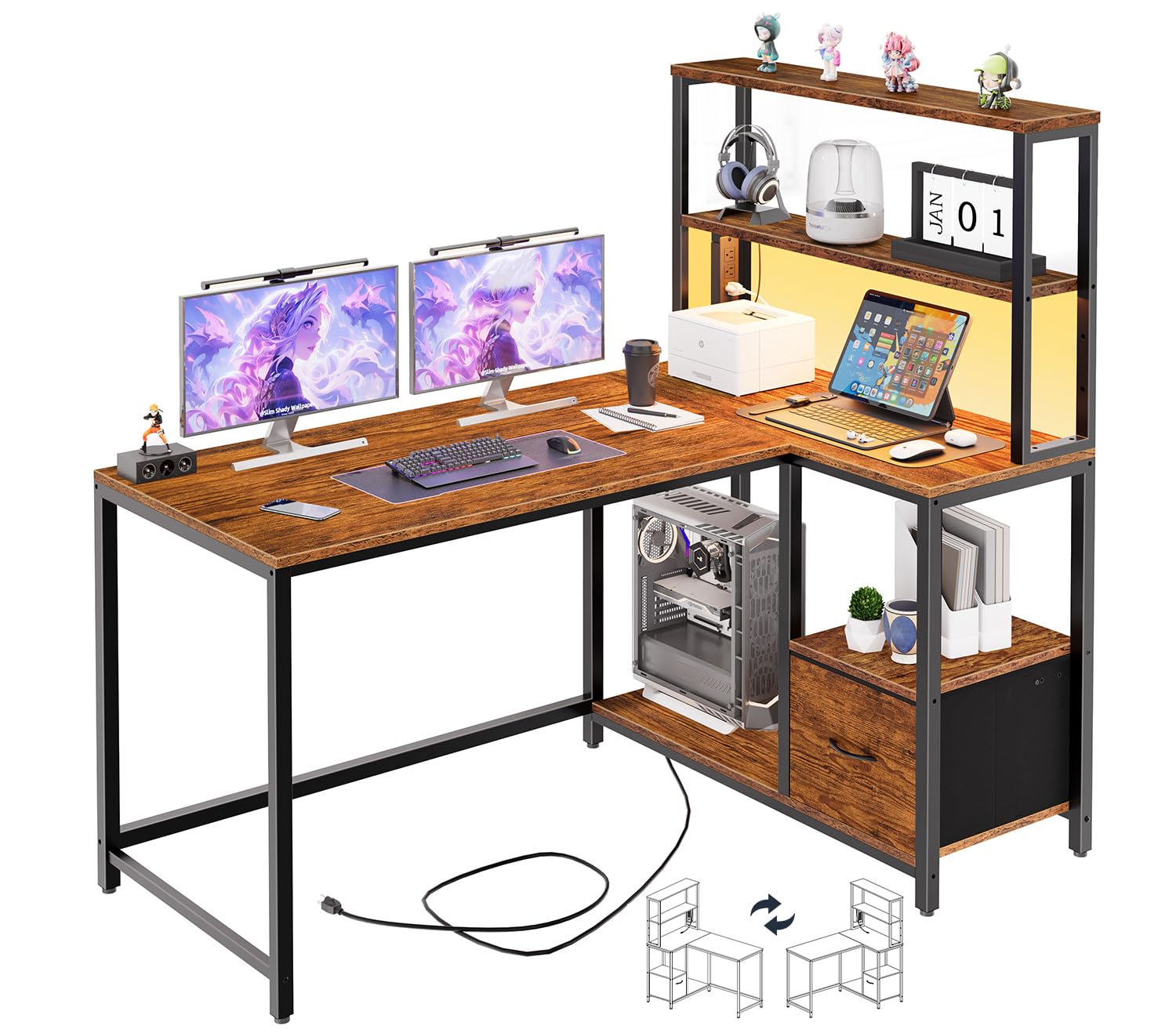 HOOBRO L Shaped Gaming Desk, 46 Inch Reversible Computer Desk with LED Light & Power Outlet, Office Desk with Storage Shelves & Drawer, for Home Office, Study, Rustic Brown and Black BF18UDDN01