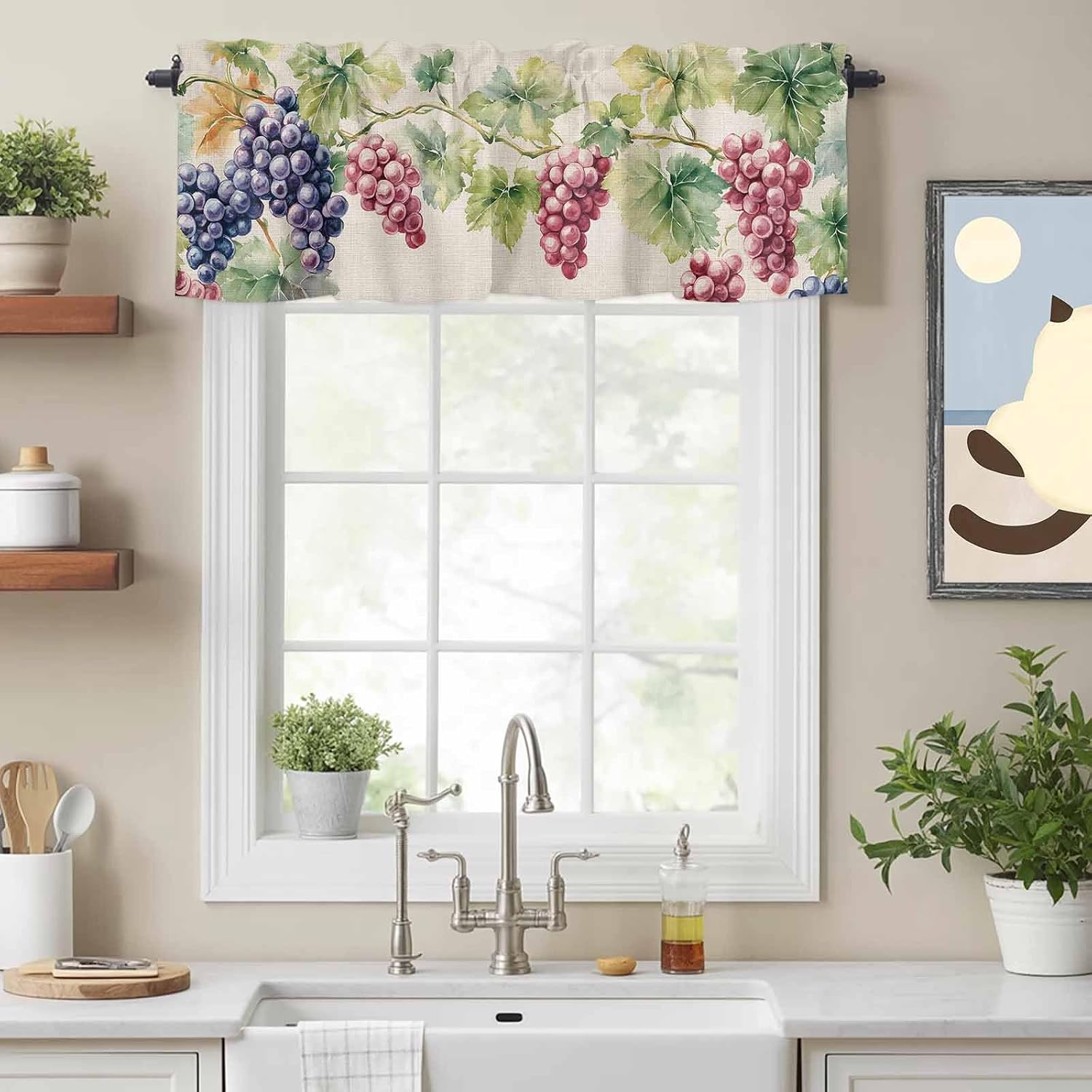 Savannan Window Valance Curtain, Spring Watercolor Grape Leaves Short Curtain Rod Pocket Valances for Kitchen Bedroom Living Room Cafe 1 Panel 42x12in Country Vine Retro Linen
