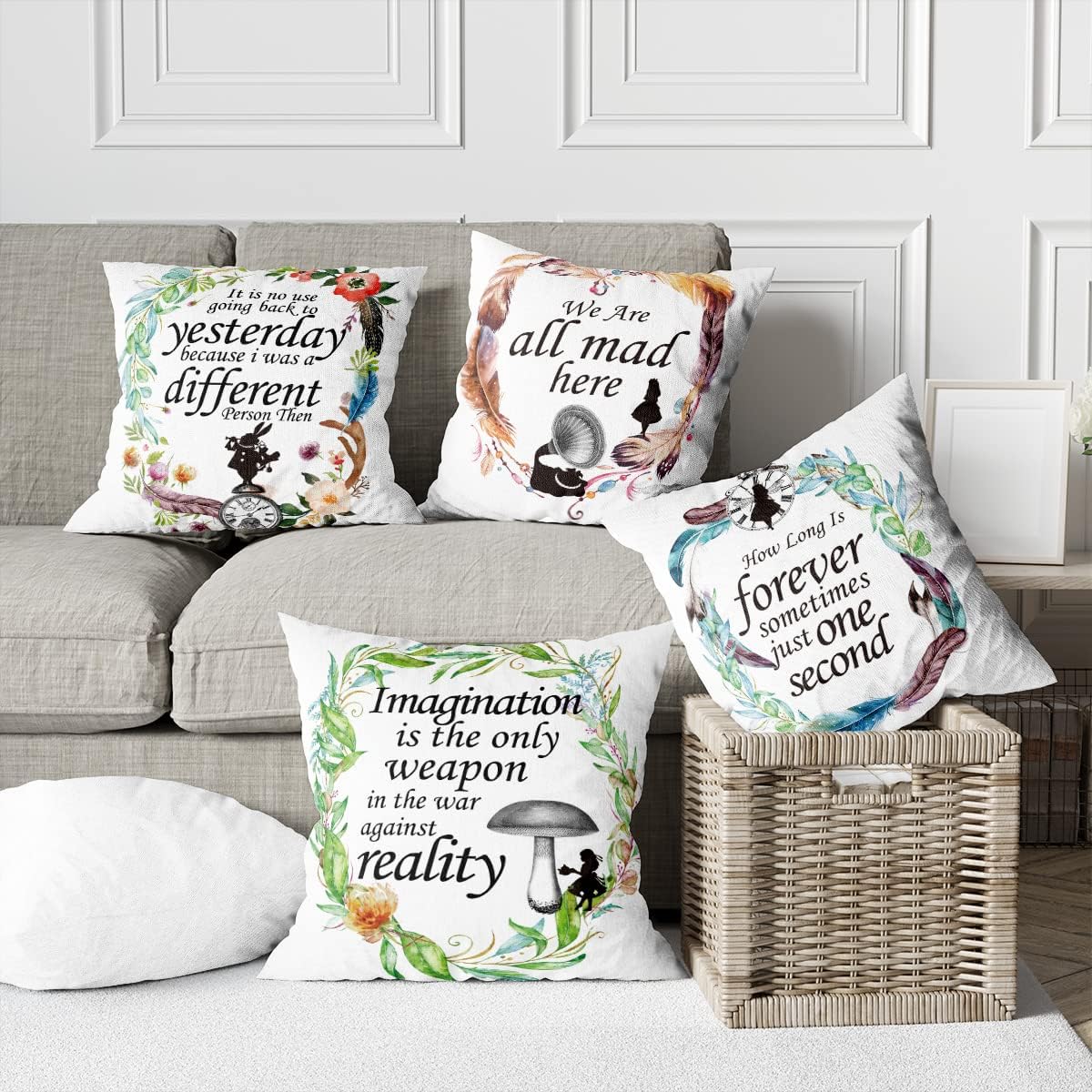 Alice in Wonderland Quote Throw Pillow Covers Set of 4 Cute Pillow Cases Linen Pillowcases Cushion Case Home Decor Gifts for Teens Women Friends - 18x18 Inch - Image 2