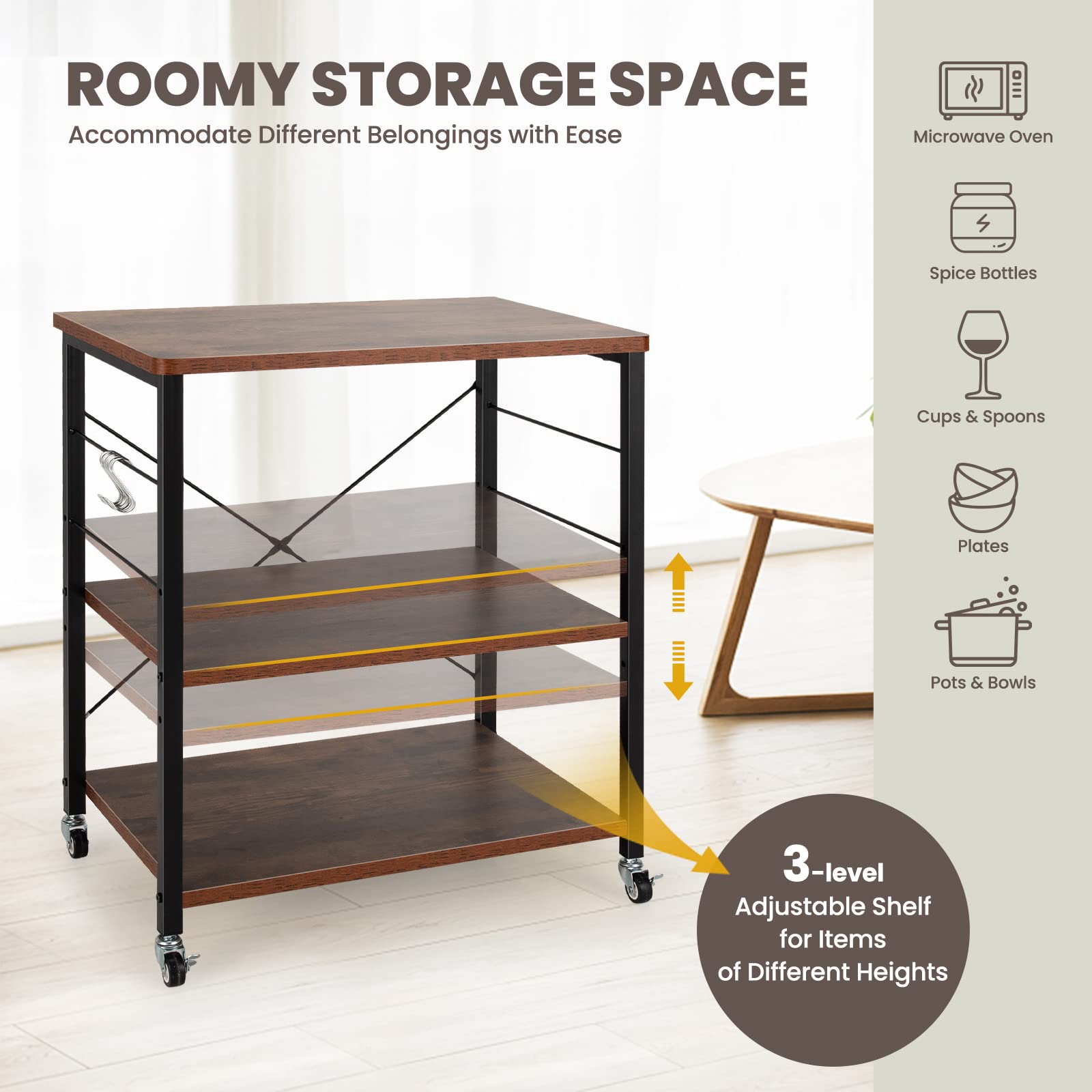 GIANTEX Servierwagen Küchenwagen auf Rollen, Küchenregal 3 Ebenen & 10 Haken, Druckertisch Druckerständer Industrie-Design, Küchenwagen Holz & Stahl, Standregal Gewürzregal 60 x 40 x 73 cm