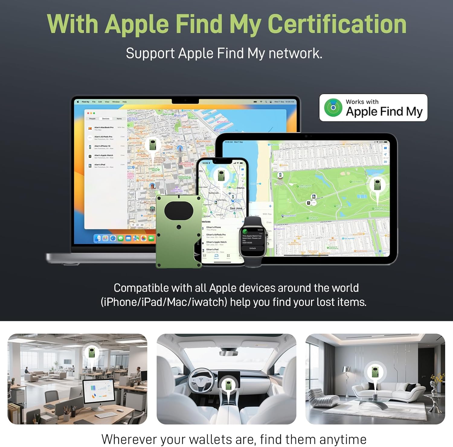 Slim Wallet for Men, Air Wallet Build in Airtag Chip, Smart Wallet Compatible with Apple Find My iOS Only, Minimalist Front Pocket Wallet RFID-Blocking Card Holder with Money Clip (Green)