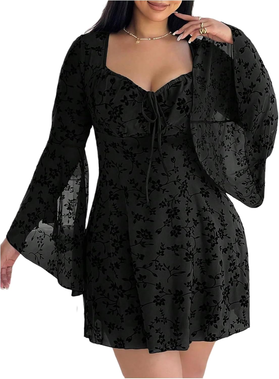 Women's Plus Size Goth Dress Long Bell Sleeve Bow Tie Dresses Vintage Floral Fall Mini Dresses Party Club Outfits