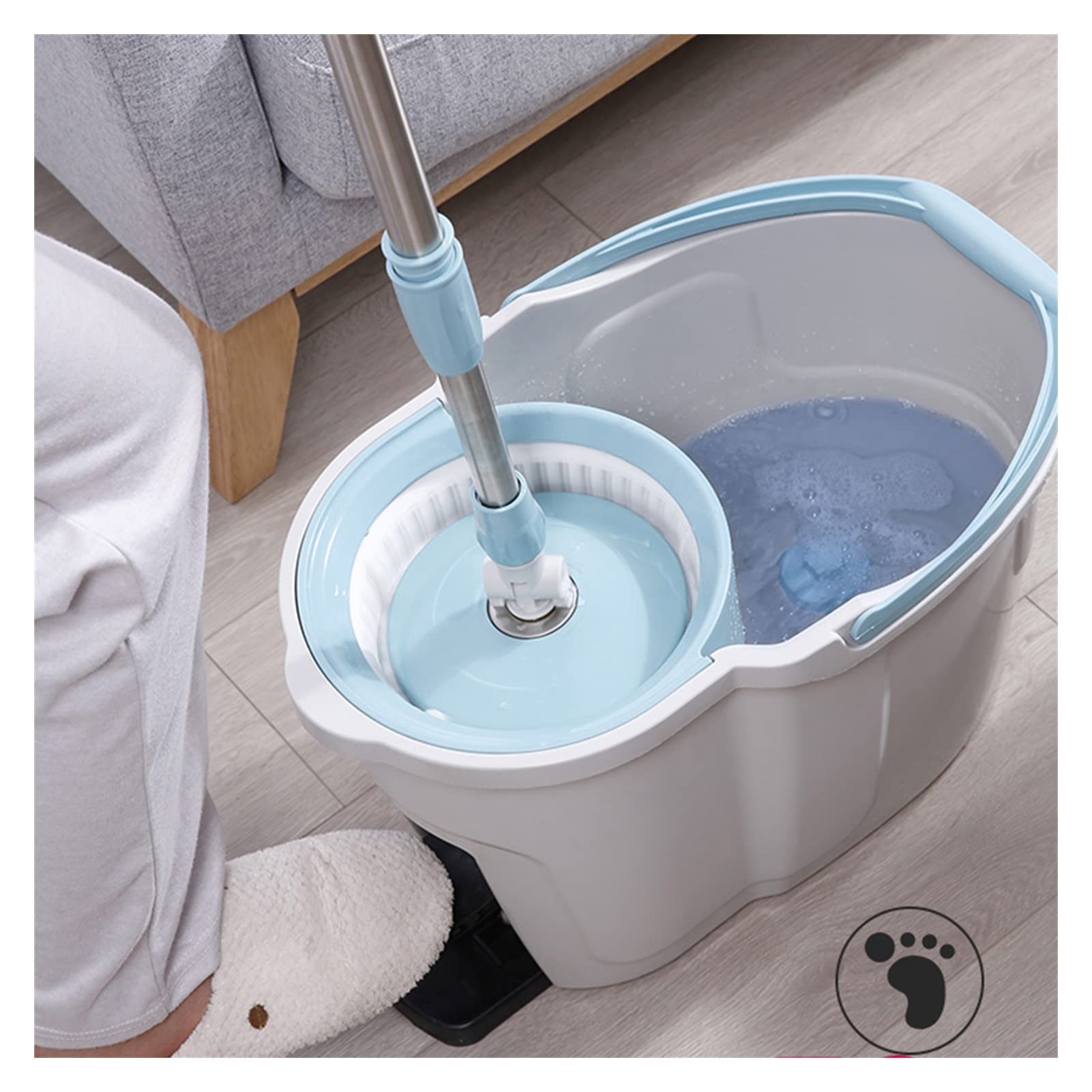 Juego de fregona y cubo giratorios Spin Mop y Bucket con juego de escritorios, sistema de limpieza de pisos, fácil pedal de pie, mango de fregona de acero inoxidable, 2 almohadillas de microfibra Freg