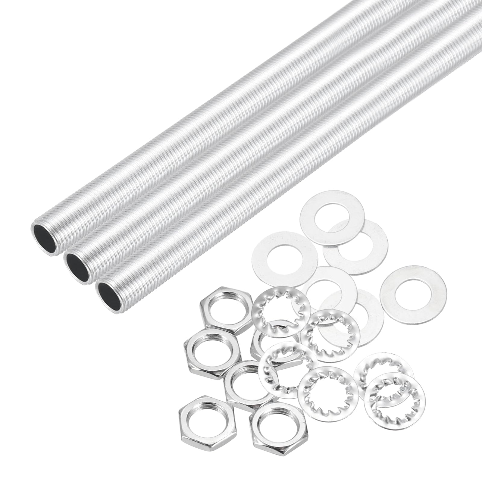 sourcing map 21Pcs 8.9" Lamp Pipe Nipples Kit With Hex Nuts Washers, M10 Fine Threaded Hollow Tube Repair Hardware Fasteners Assortment for Assembly Chandelier Ceiling Lamp DIY, Silver