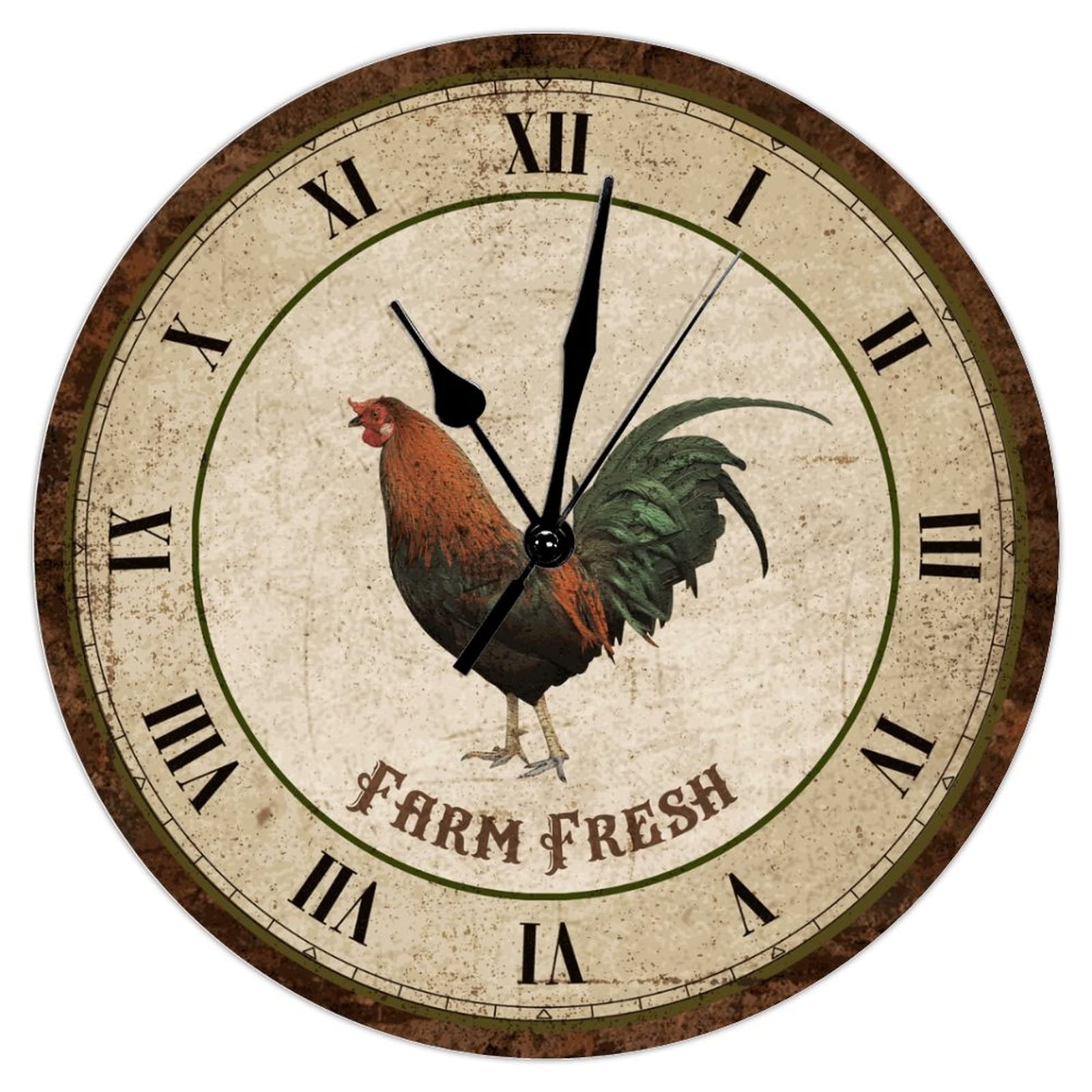 Horloge murale bois style rétro avec grand cadran coq rustique de 30,5 cm