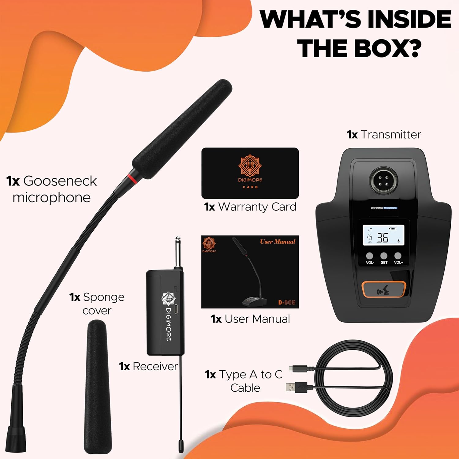 DIGIMORE UHF Wireless Gooseneck Microphone System | 24" Adjustable Desk Microphone | 49m Range | 36 Channels | Perfect for Meetings, Lectures and Broadcasts (D-605)