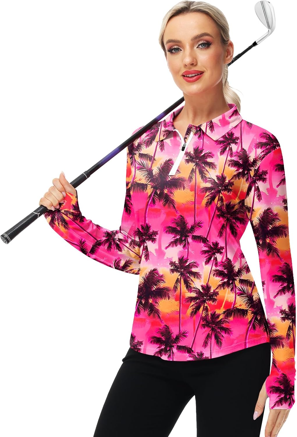 AOBUTE Women's Long Sleeve Golf Shirts Zip Polo Tennis Top with Thumb Hole