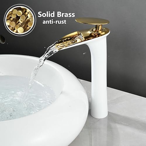 Miniatura 2 de Grifo de lavabo de baño cascada de baño de un solo orificio alto de recipiente grifos de baño, blanco y oro, latón sólido, SHUNLI