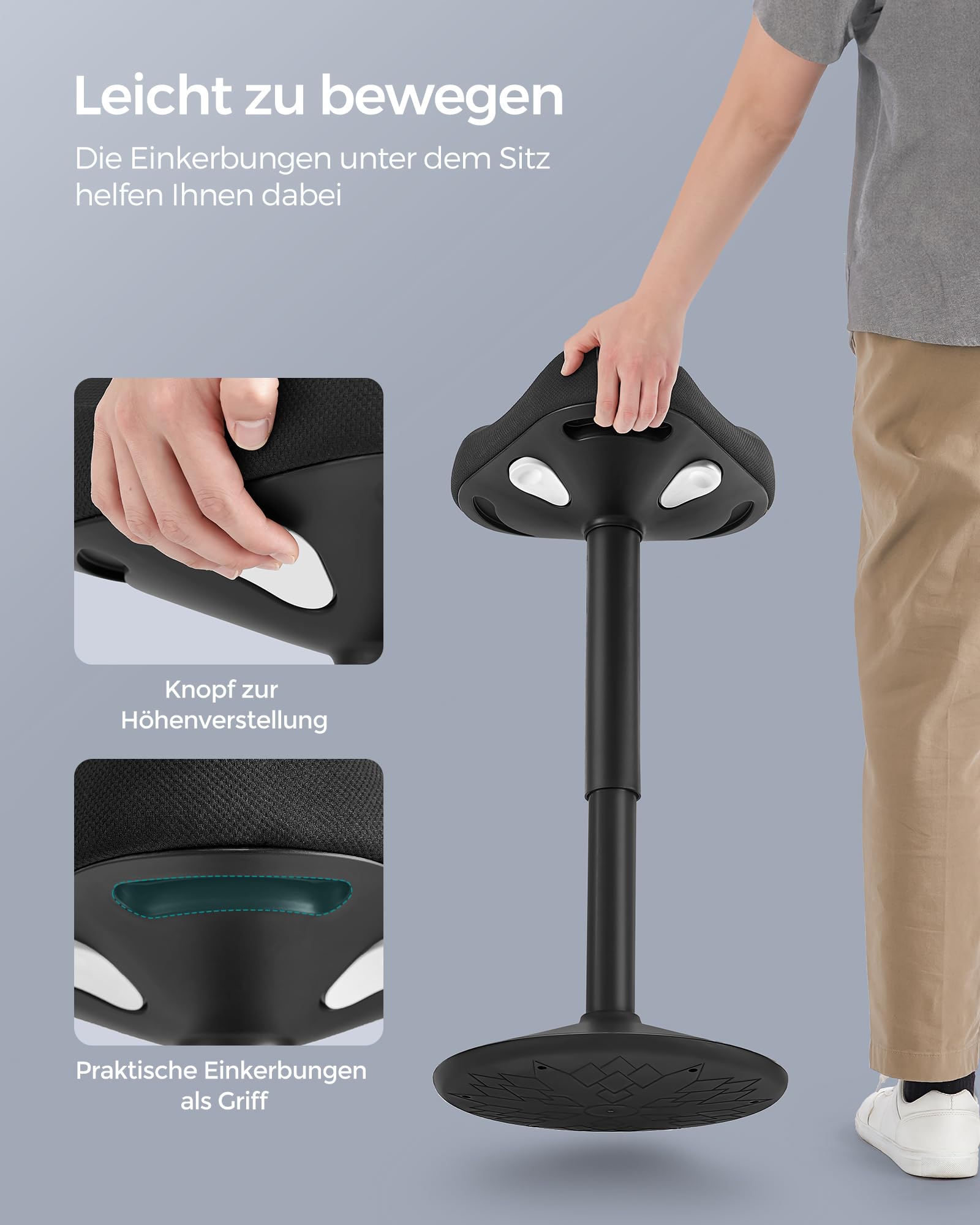 SONGMICS Hocker, Stehhocker um 360° neigbar, Schreibtischstuhl, höhenverstellbar 58-83 cm, großer Sockel, Anti-Rutsch, modern, schwarz OSC008B01