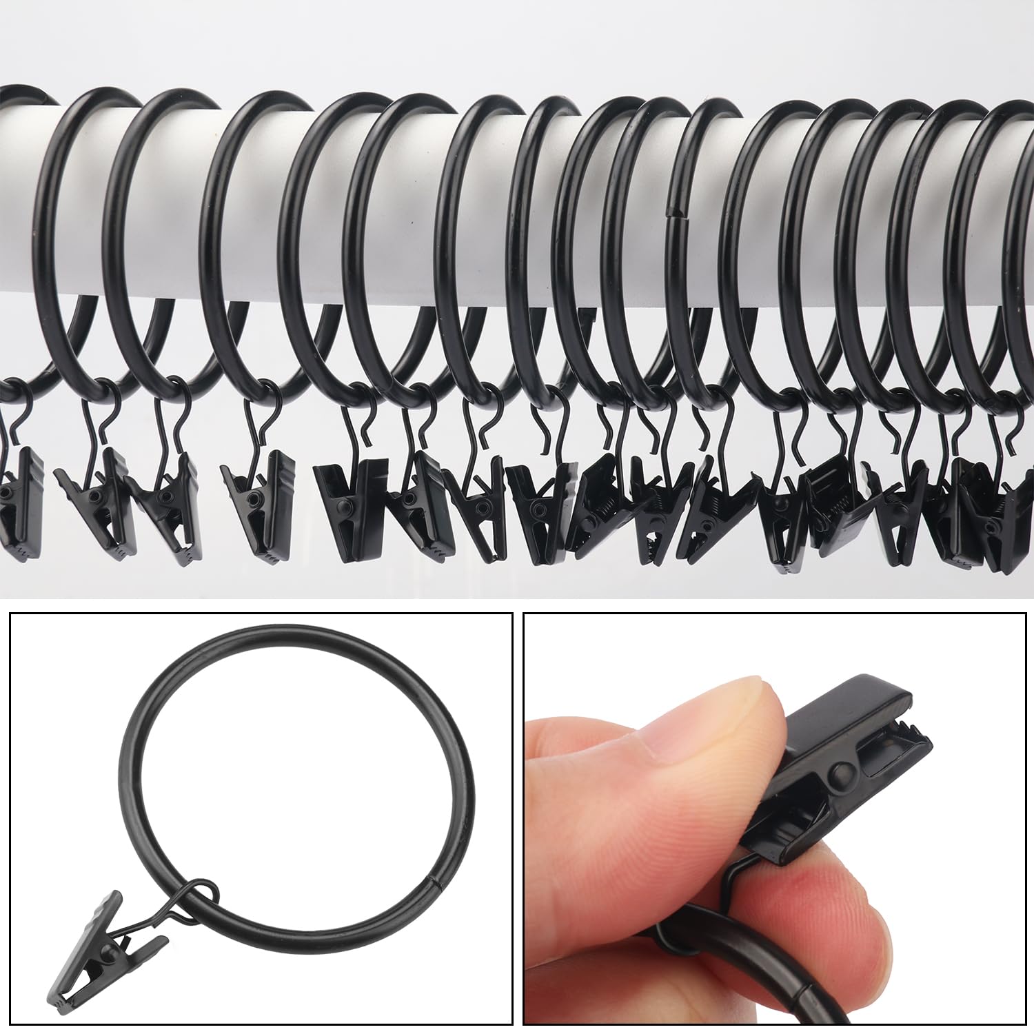 100-Pack Black Curtain Rings With Clips - 2 Inch Metal, Rustproof, Holds Heavy Curtains, For Home & Cafe - View #3